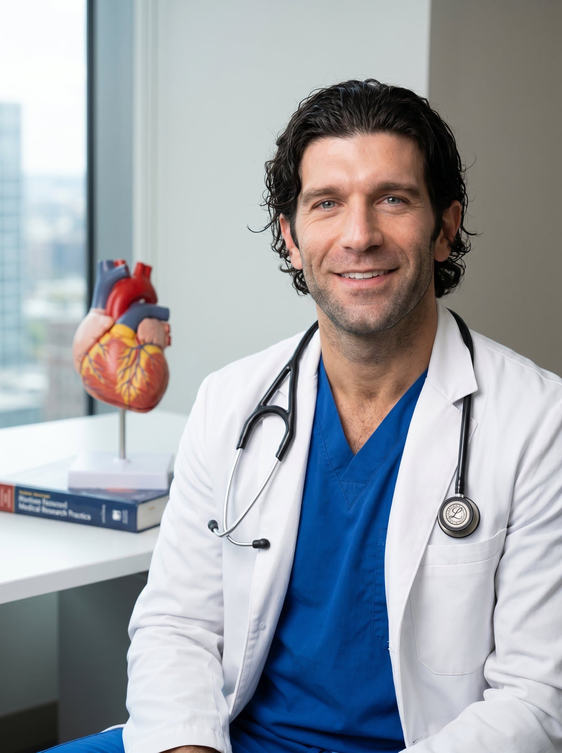 Full headshot of a surgeon in a minimalist office setting, with a model of a human heart on the desk behind. The clean, professional environment conveys precision, perfect for an academic and modern profile.