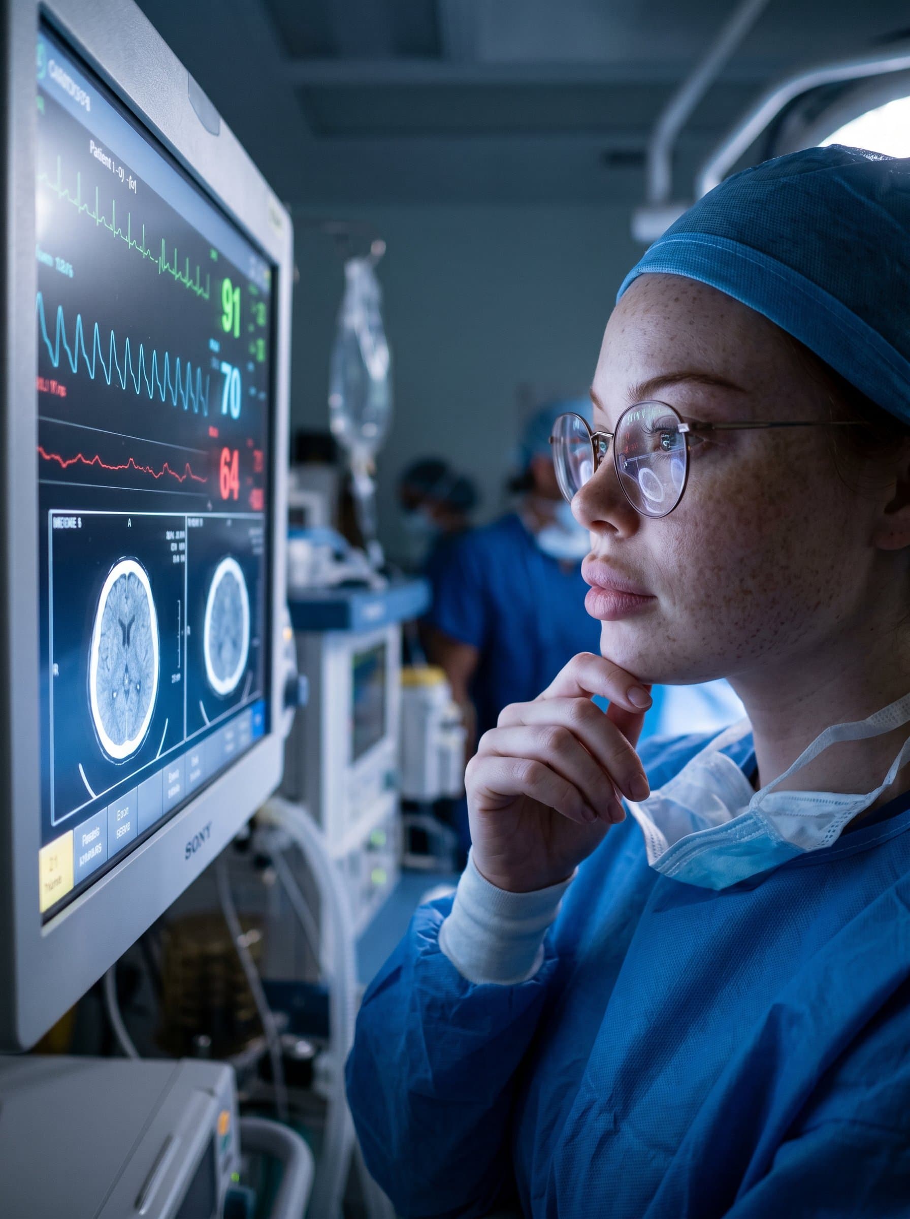 surgeon, wearing glasses, gazing thoughtfully at a medical monitor. The subtle glow from the screen adds focus and depth, creating an image of introspection and expertise for a specialized profile picture.