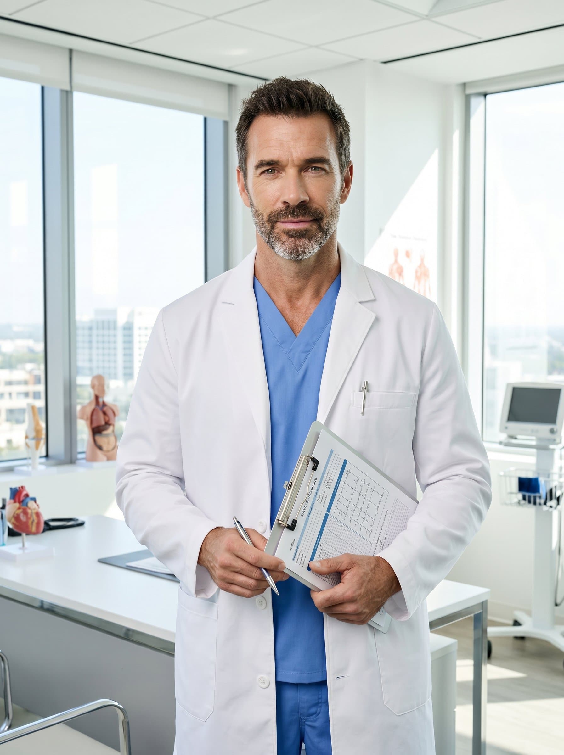 surgeon in a brightly lit office, holding a clipboard. The modern office environment gives a clean, efficient look, highlighting the surgeon's professionalism and readiness, ideal for a contemporary profile.