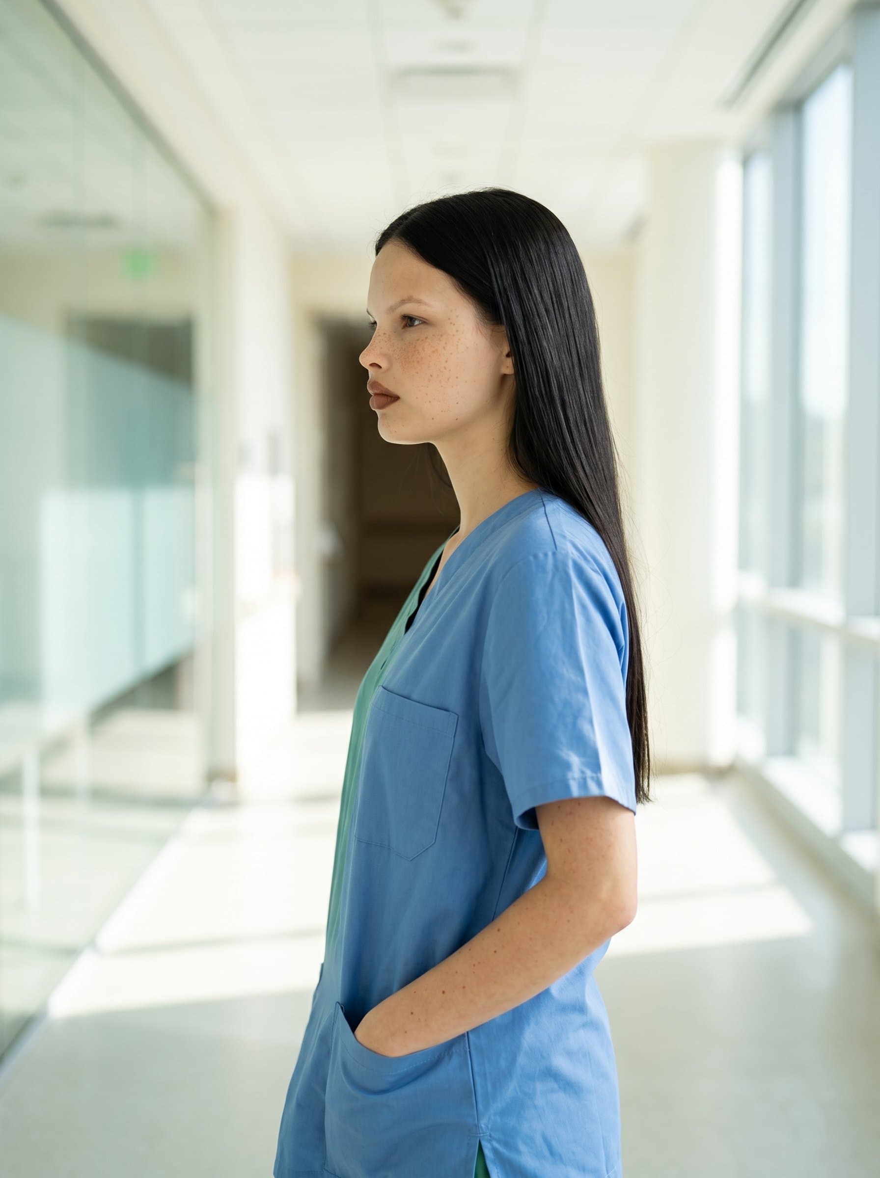 Profile of a surgeon, hands in pockets, standing in a bright corridor. The natural light and open space create a feeling of calm competence, perfect for a profile that exudes assurance and proficiency.