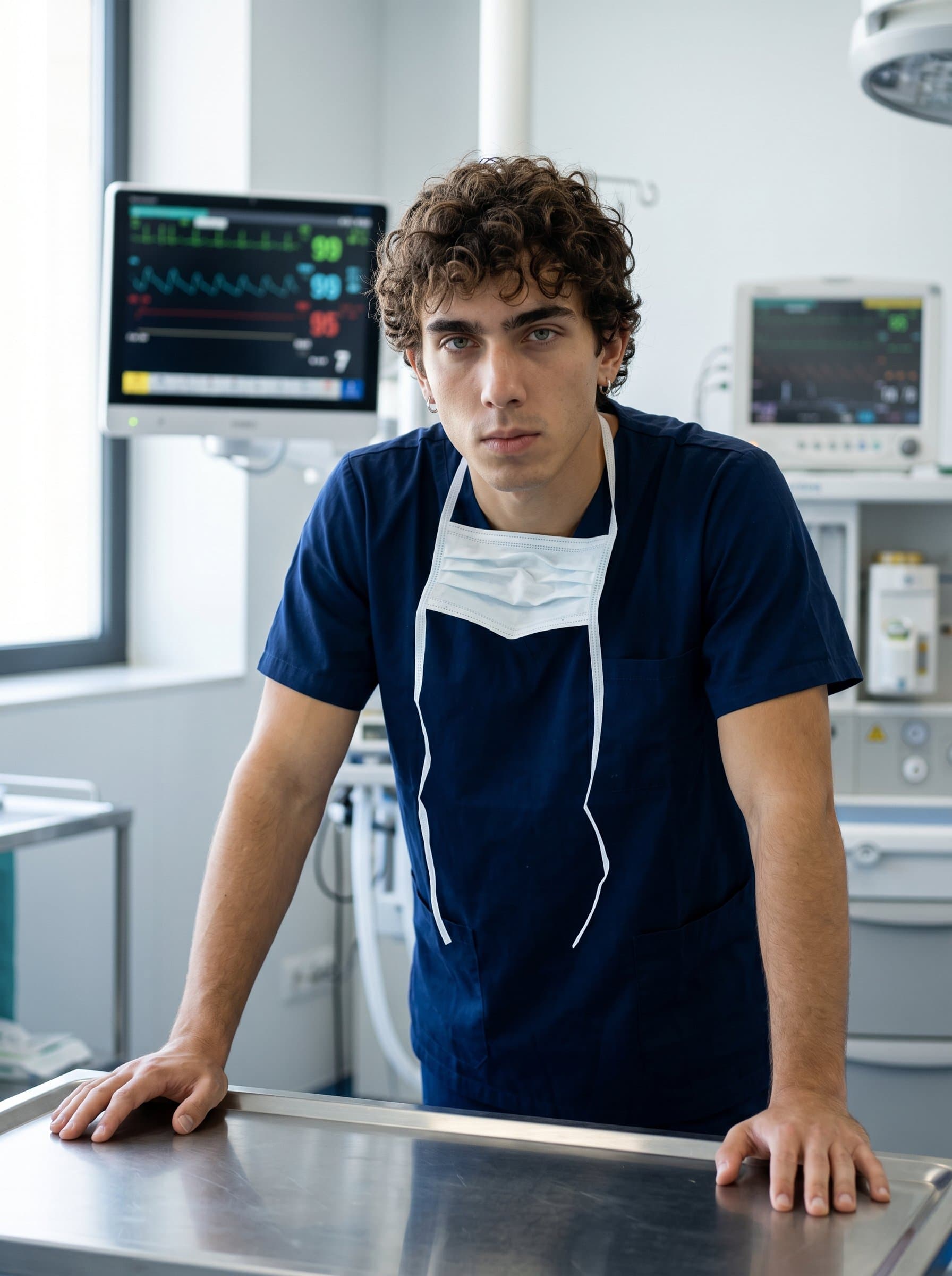 A surgeon in scrubs, leaning slightly forward, surgical mask hanging loosely around neck. The subtle hospital equipment in the background supports an aura of readiness and precision for a modern profile picture.