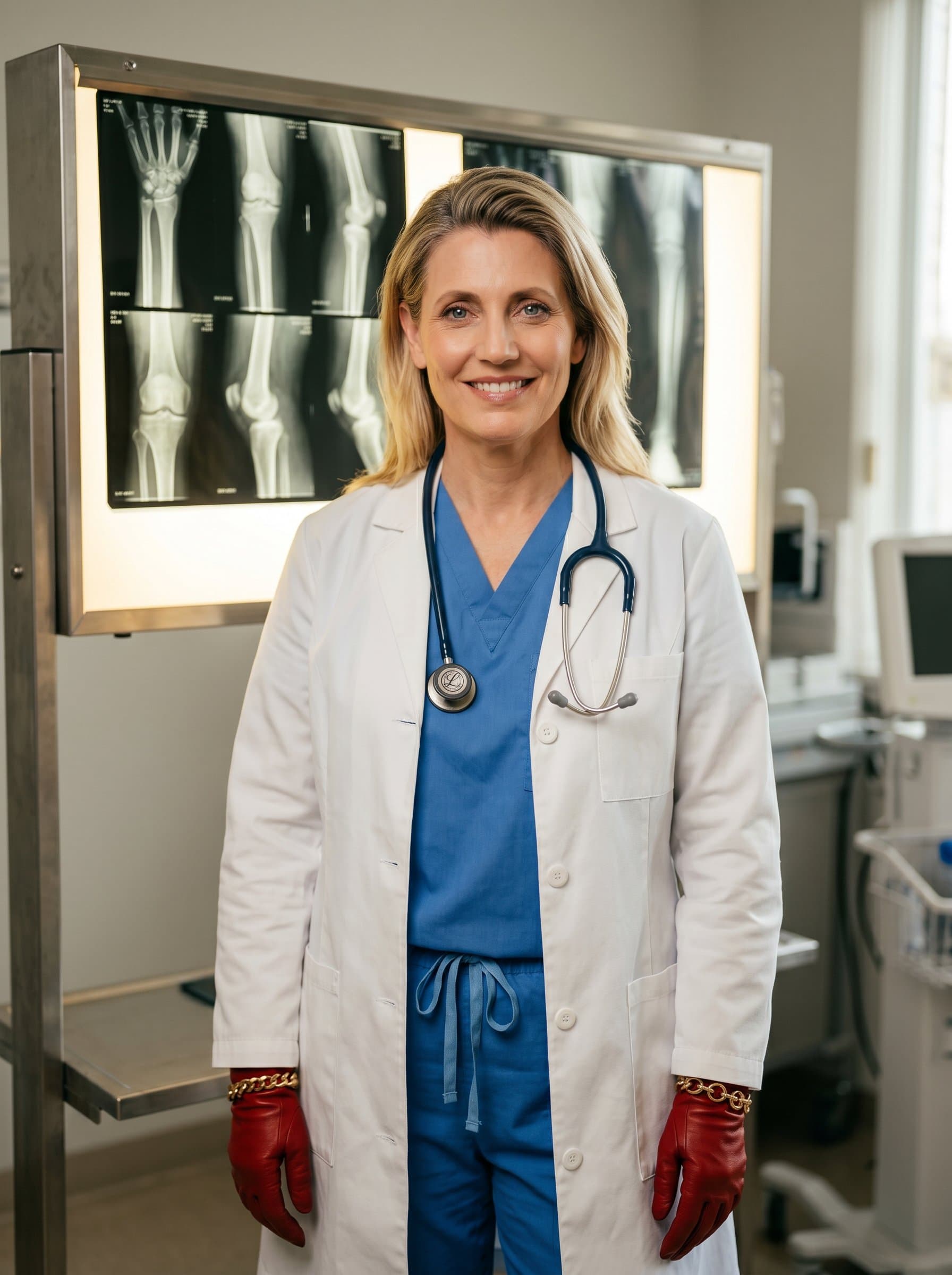 surgeon smiling softly, with a set of X-ray films visible on a lightbox behind. The clinical background paired with warm lighting provides an image of competence and care, suitable for a compassionate profile.