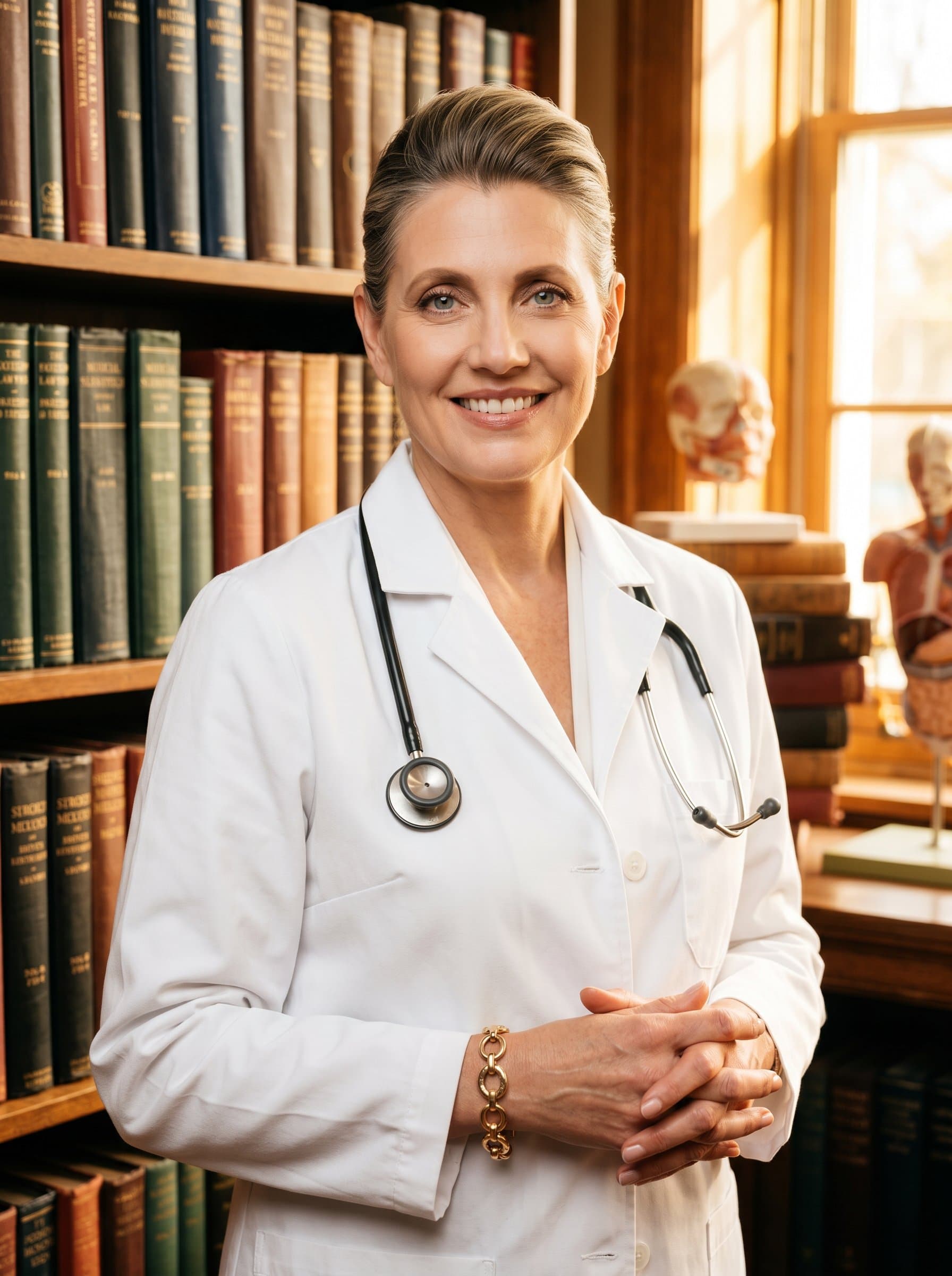 surgeon looking at the camera with confidence, dressed in a white coat, library of medical books in the background. Warm lighting conveys a sense of knowledge and reliability, suitable for a welcoming profile.