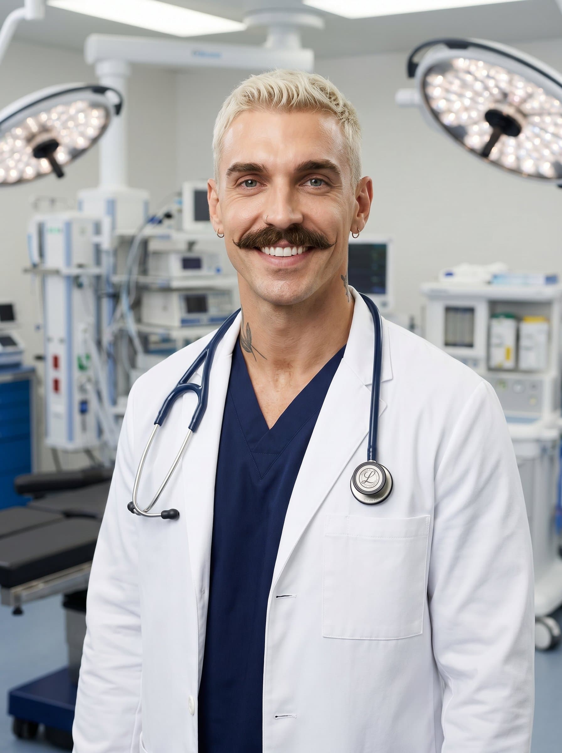 Profile of a surgeon, stethoscope around neck, set against a backdrop of an operating room. Neutral lighting enhances the modern, trustworthy appearance, ideal for a cutting-edge medical professional's profile.