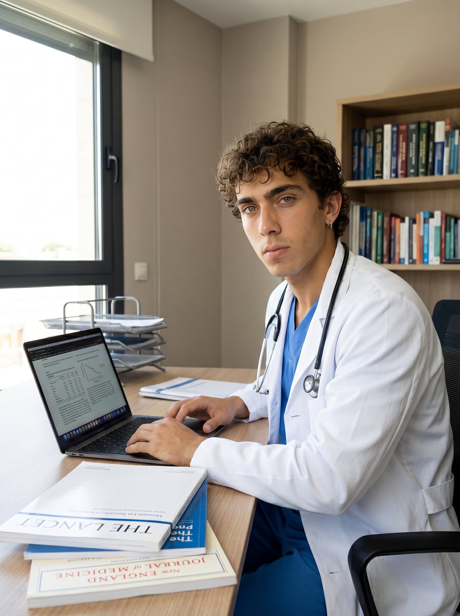 surgeon seated at a desk with an open laptop and medical journals. The neutral tones and organized setting convey diligence, making a strong impression for an academic or research-focused professional profile.