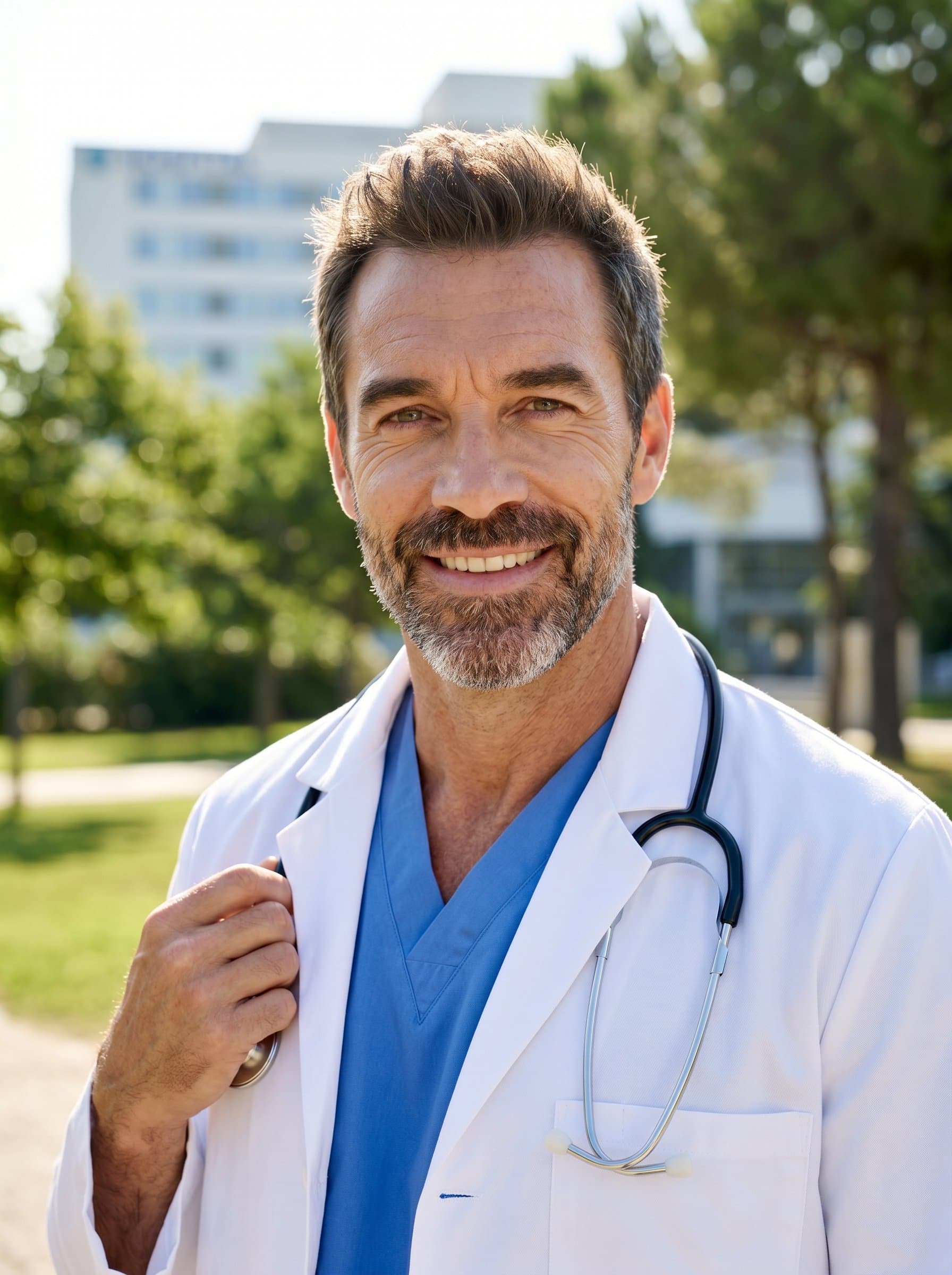 surgeon outdoors, wearing a white coat, with a hospital building in the distant background. Sunlight highlights an approachable and trustworthy demeanor, ideal for a warm, professional profile with a natural touch.