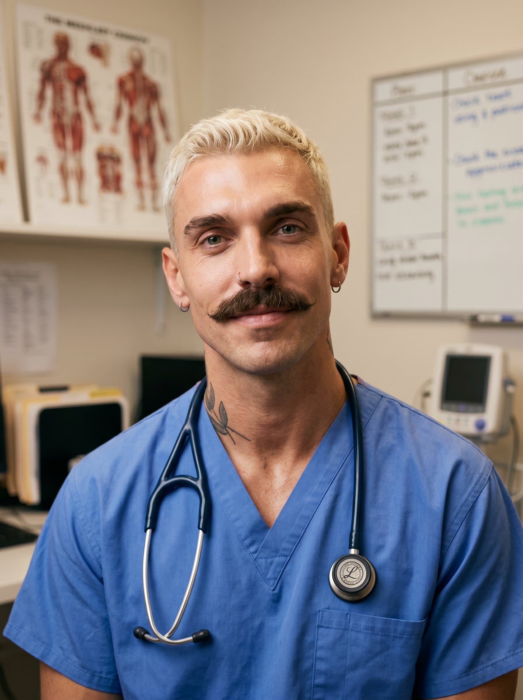 surgeon, slight head tilt, with medical charts visible in the background. Soft, warm lighting creates an inviting atmosphere, capturing a sense of diligence and warmth for a compassionate professional profile.