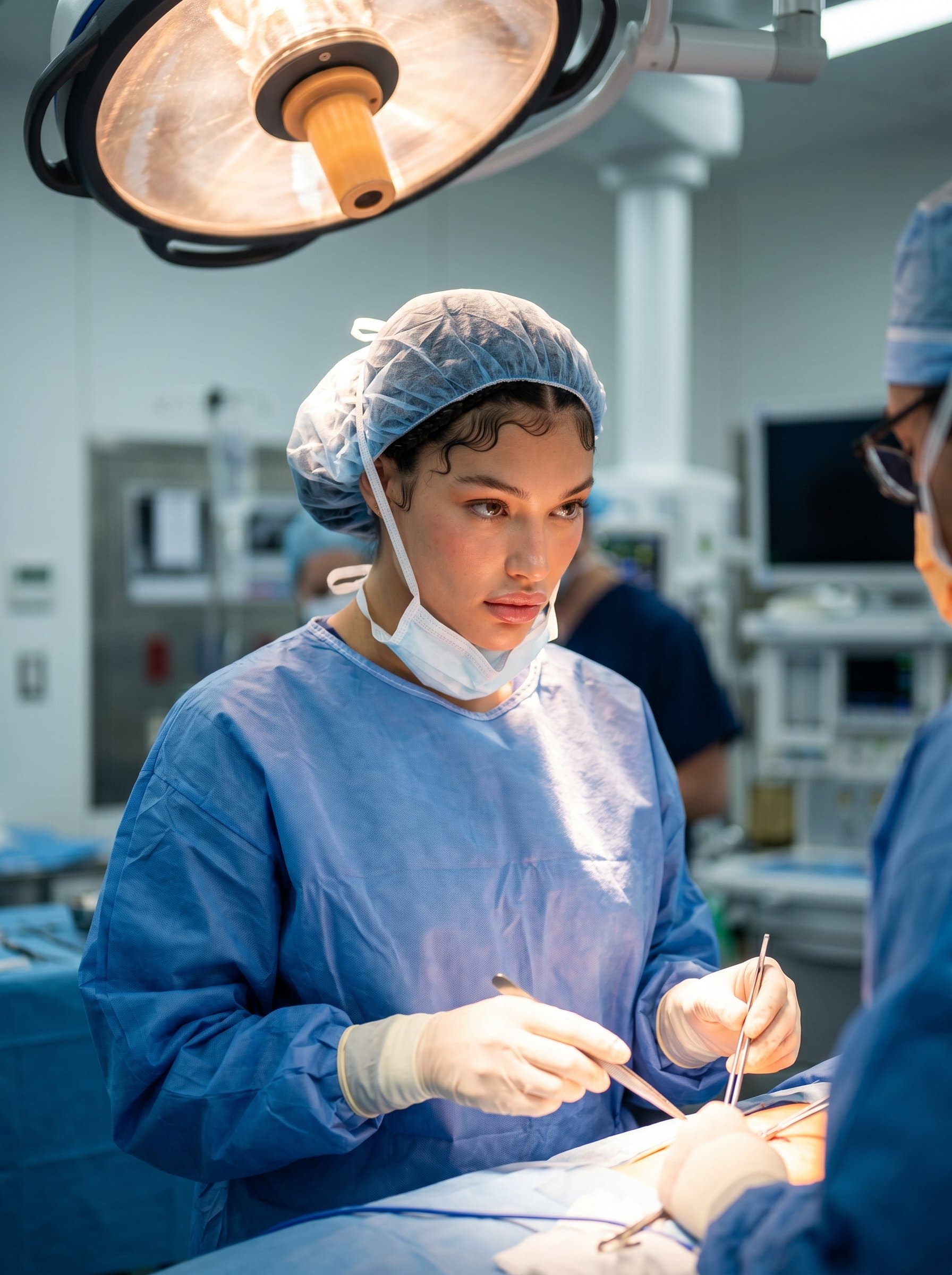 A surgeon, dressed in scrubs, illuminated by the soft glow of an operating lamp. The focused light adds a sense of immediacy and skill, well-suited for a profile representing cutting-edge medical practice.