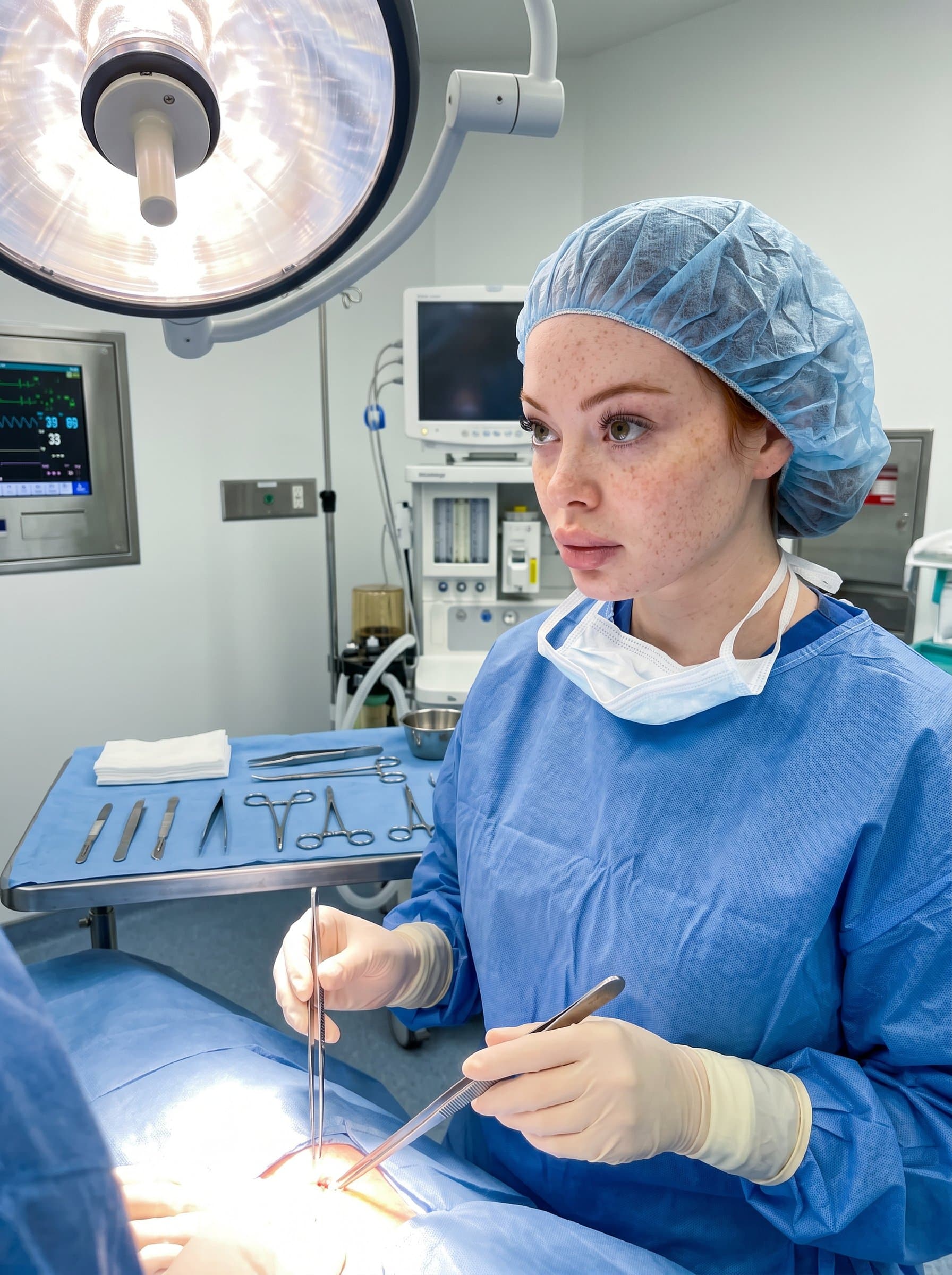 surgeon with a focused expression, surgical tools neatly arranged in the background. The classic lighting highlights attention to detail, making it suitable for a profile centered on meticulous care and expertise.