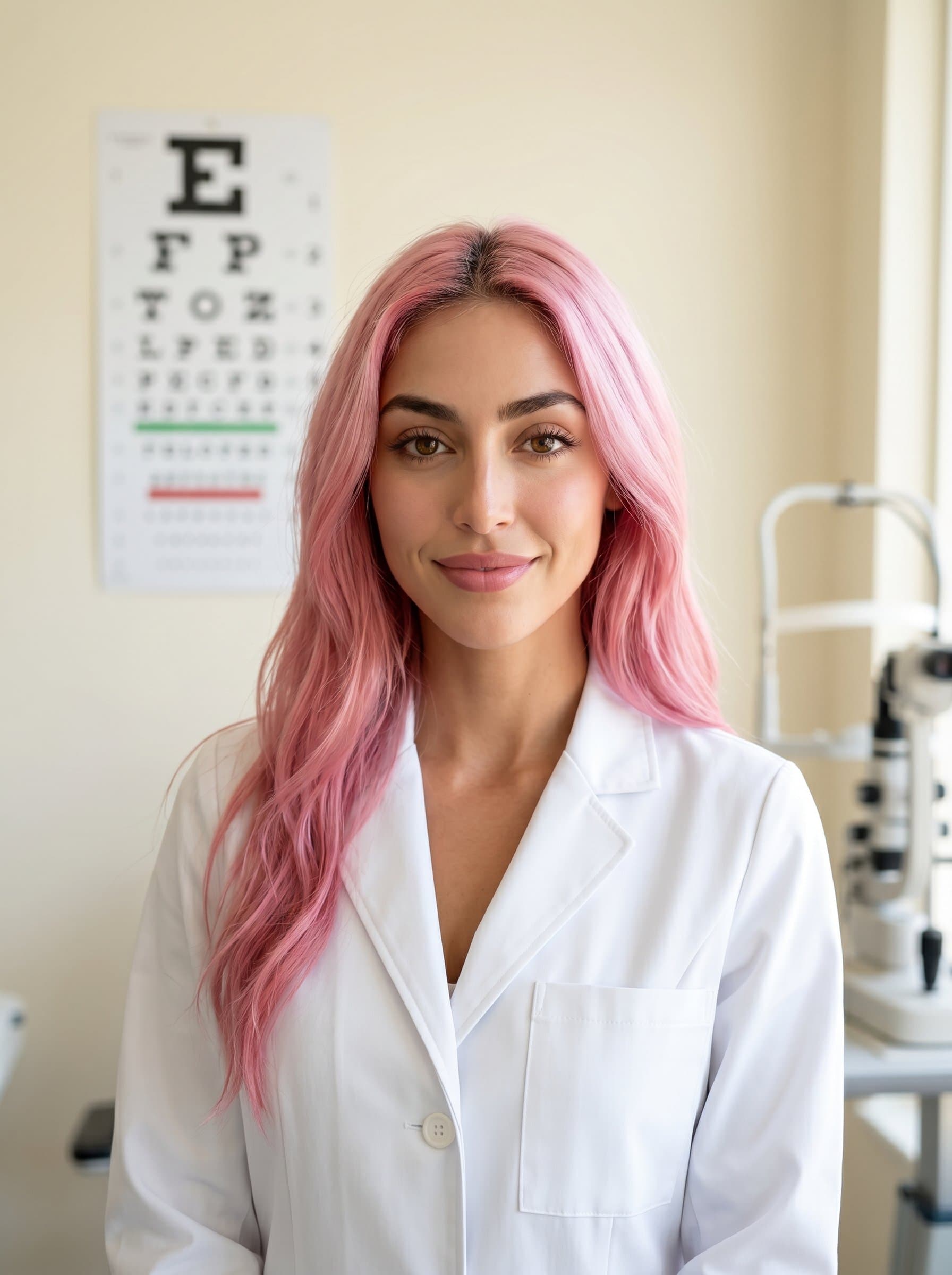 headshot of an optometrist in a classic professional style, wearing a crisp white coat with a subtle smile. Background features a softly blurred optometry chart, conveying trust and expertise.