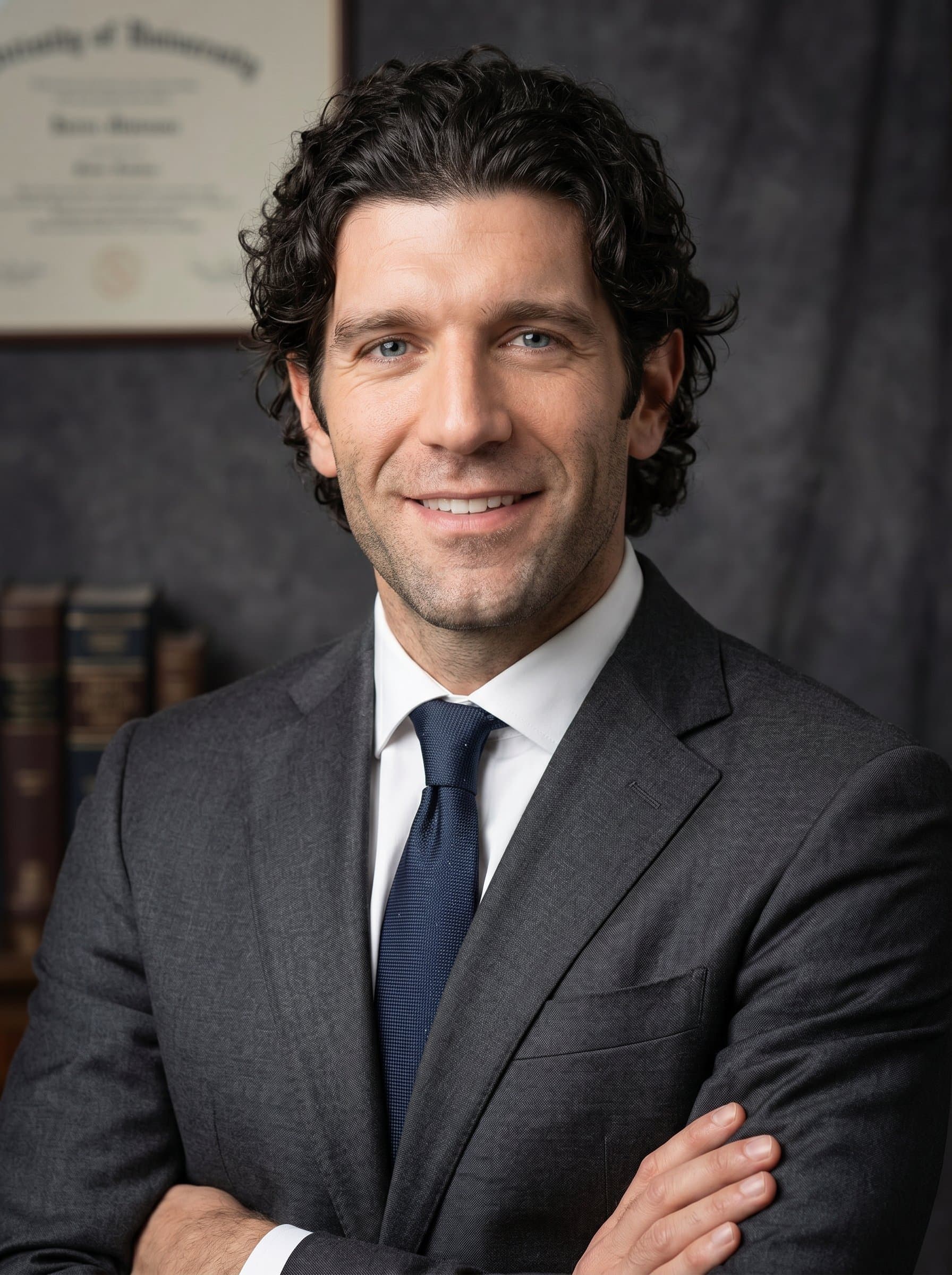 Classic professional headshot with an optometrist in a tailored suit, photographed against a formal backdrop. Details like a subtle tie provide an air of confidence and respect.