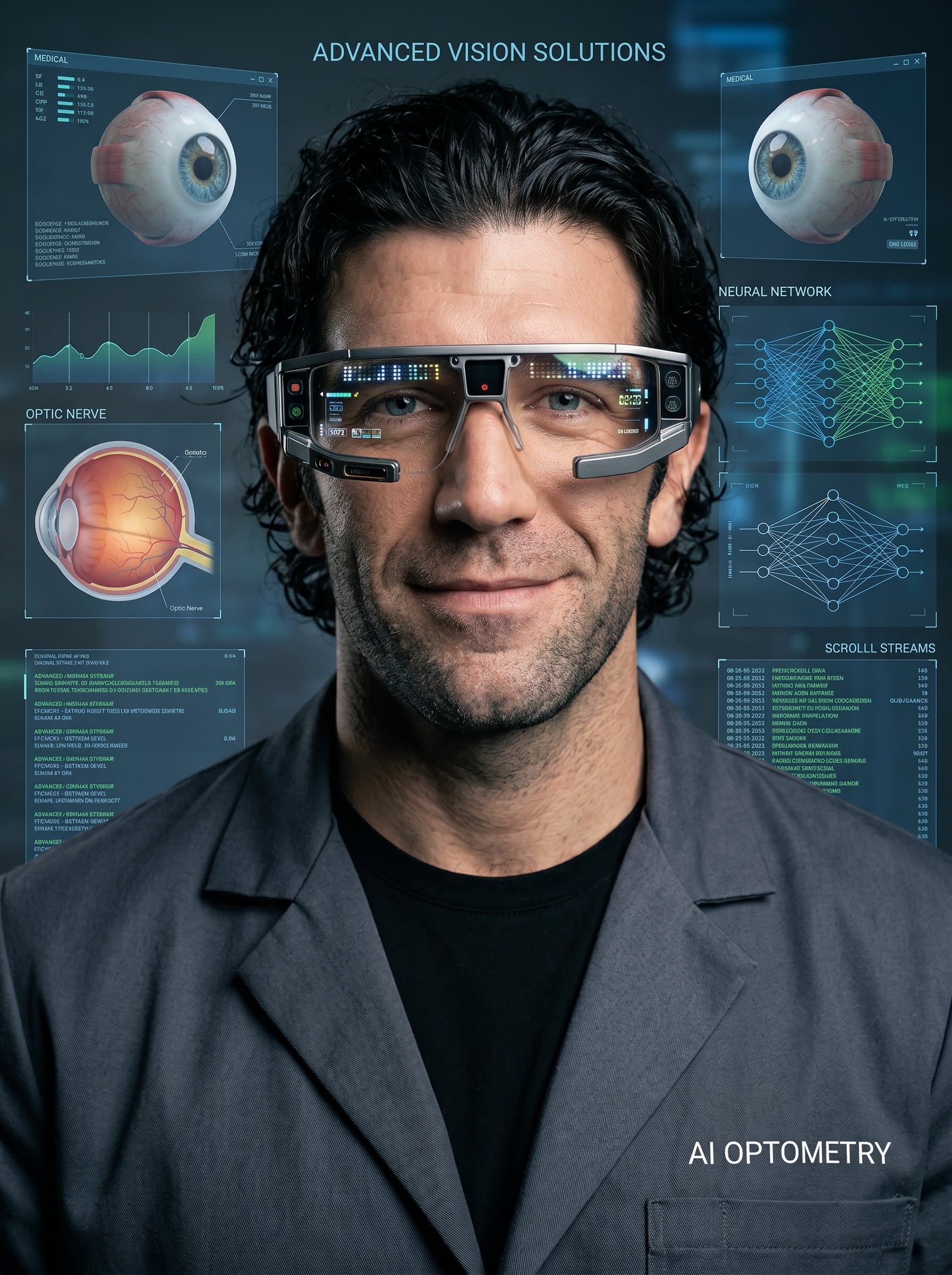 Innovative tech headshot showcasing an optometrist with futuristic eyewear. The background is a digital interface, suggesting cutting-edge technology and forward-thinking vision care.