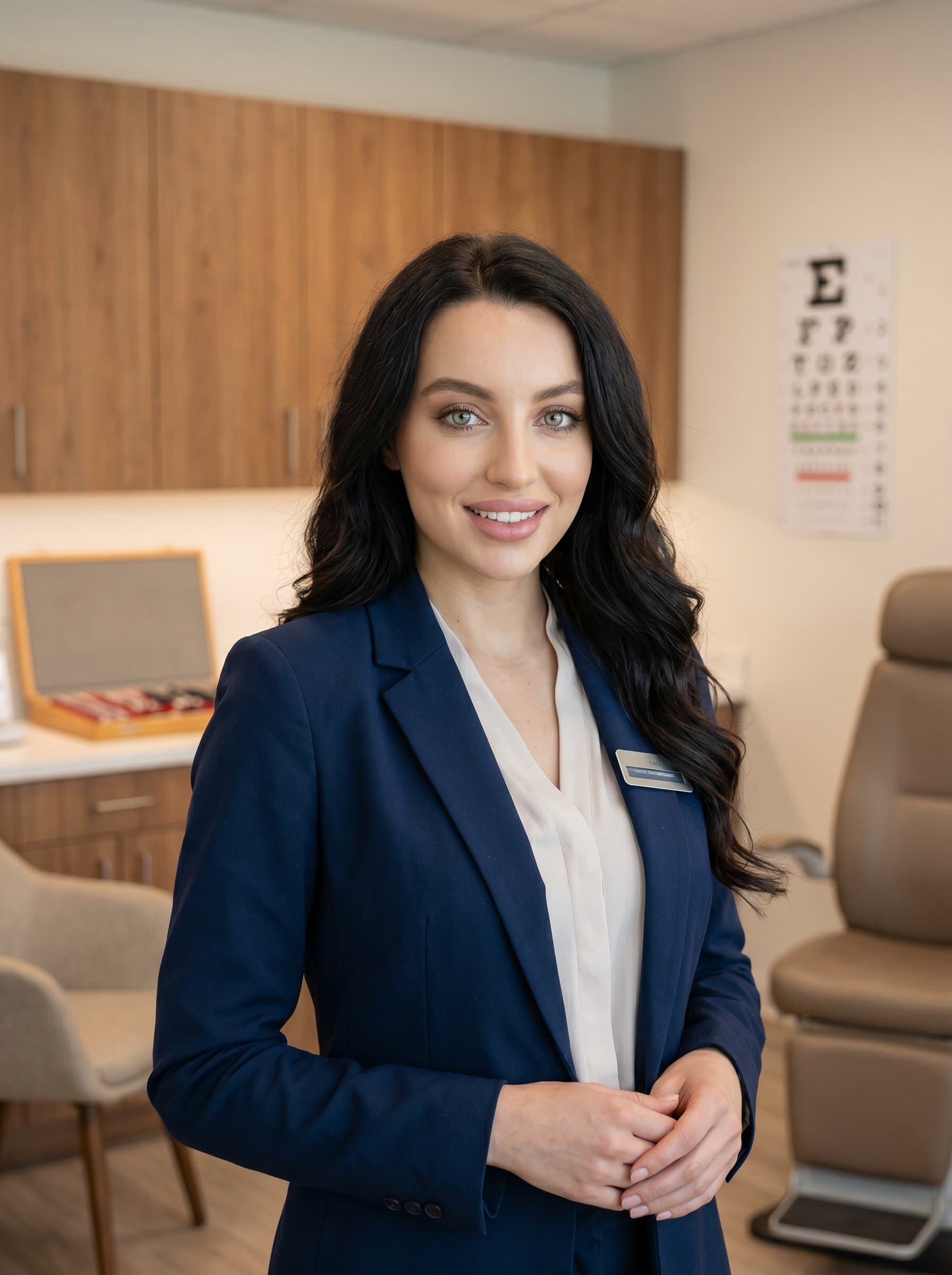 headshot of an optometrist exuding trust, captured in a softly lit professional office. Their expression is thoughtful, and the setting suggests a space where patients feel valued and understood.