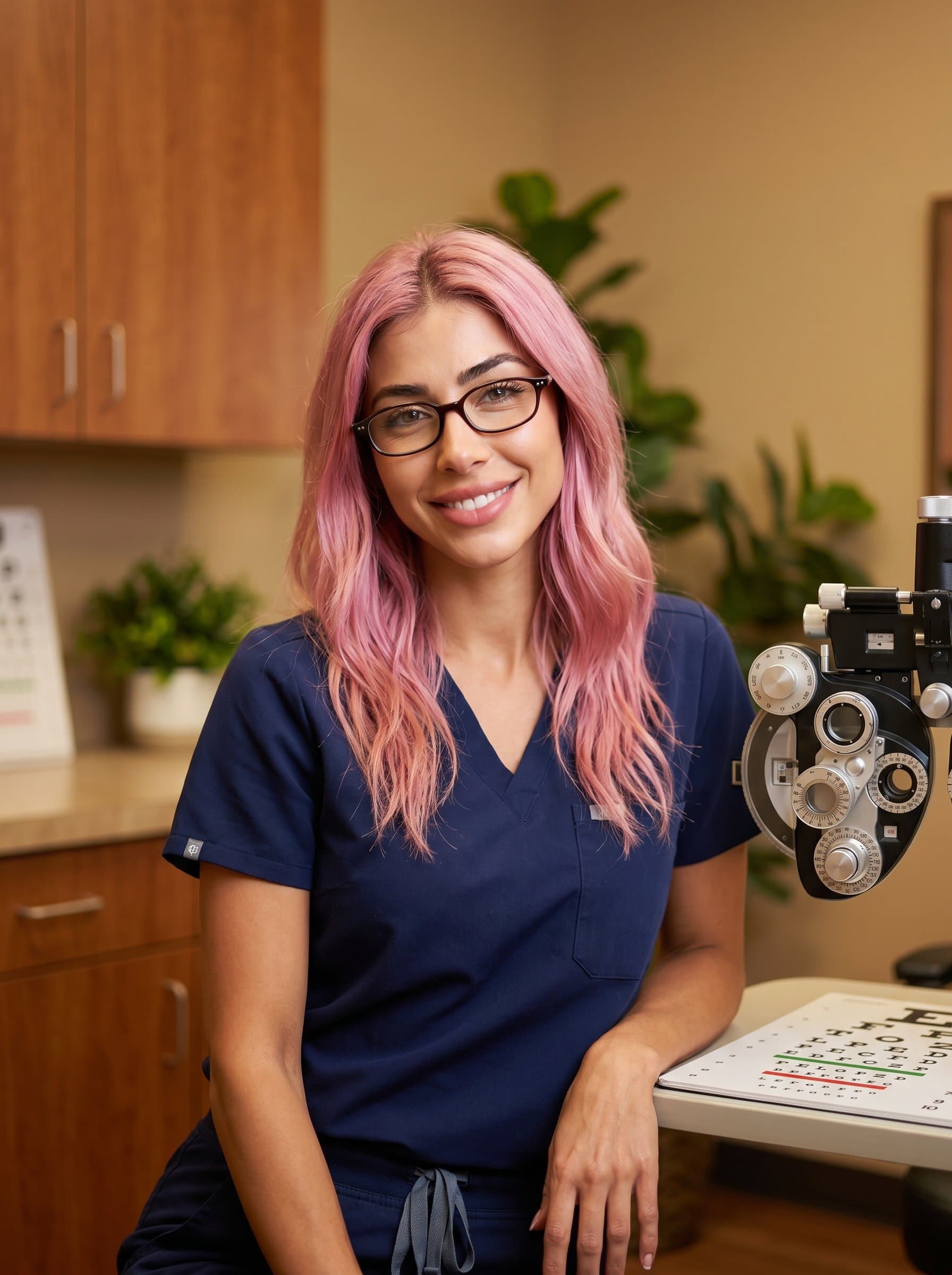 Warm and approachable headshot of an optometrist with a gentle smile. The woman is softly lit, set against a backdrop of earthy tones, creating a sense of comfort and care.