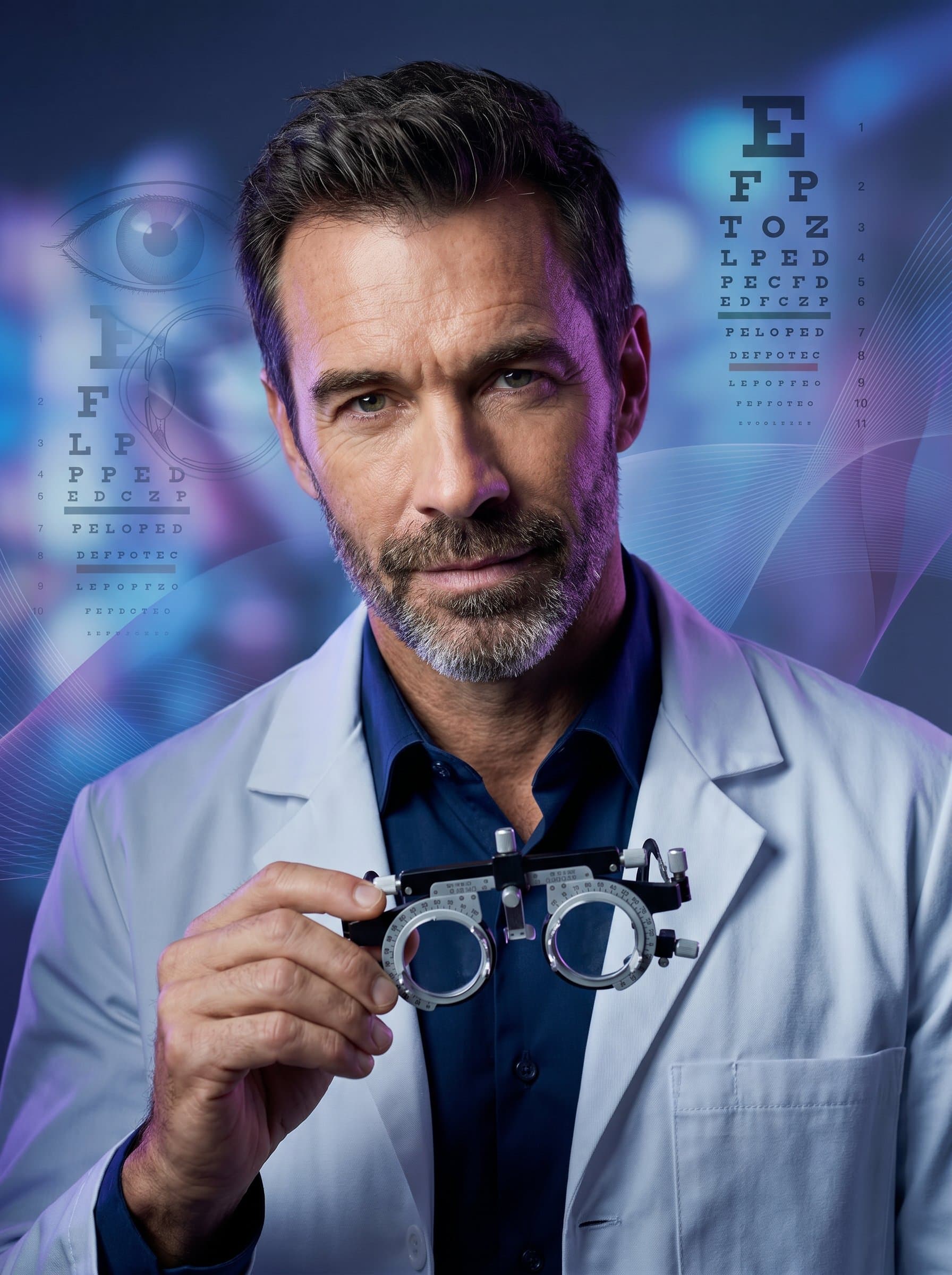 Artistic flair headshot of an optometrist, featuring creative lighting and a dynamic pose. Abstract elements subtly interwoven into the background highlight artistic sensibility and personality.