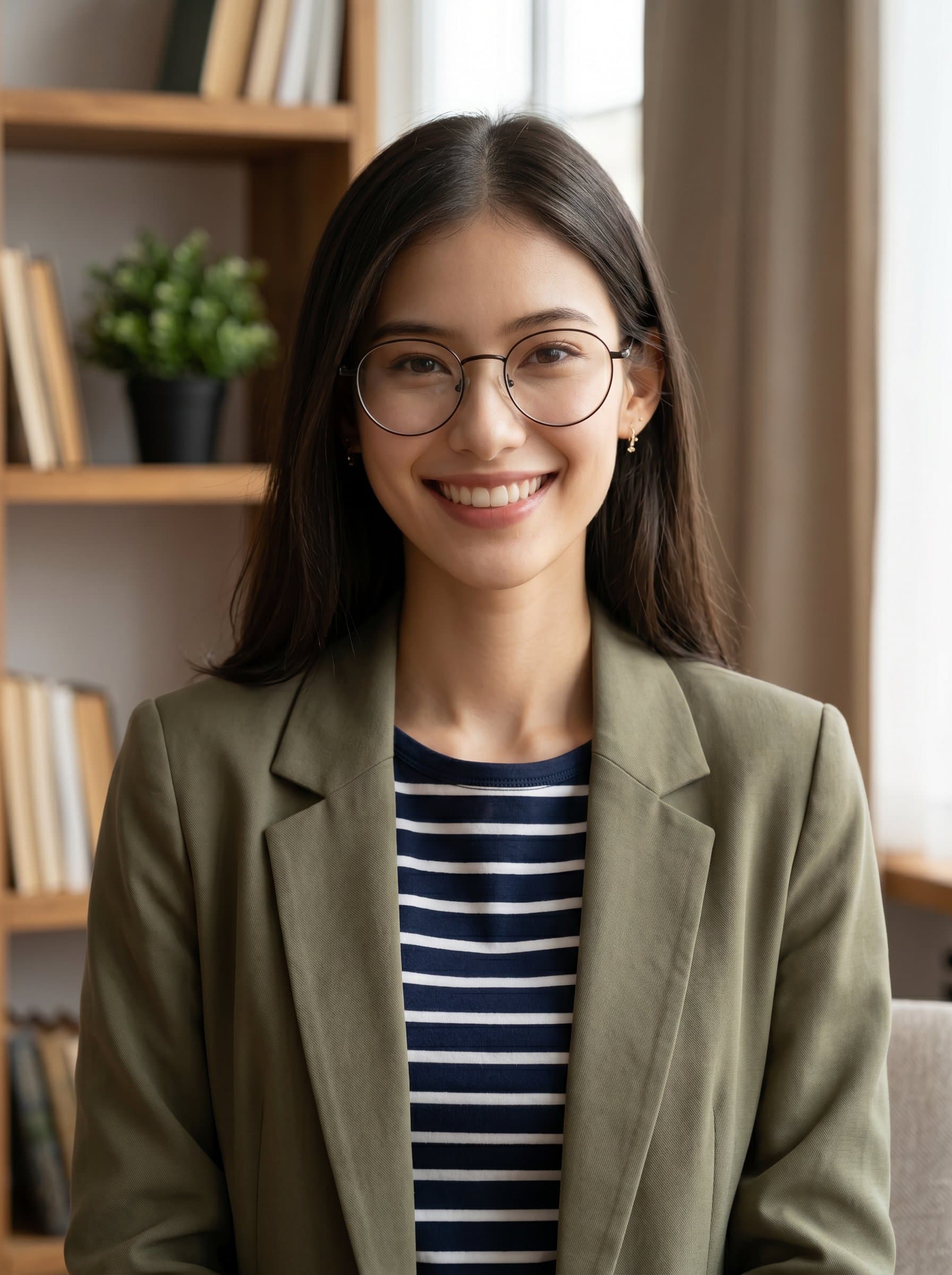 Casual professional headshot of an optometrist in a smart-casual outfit. The setting is a cozy room with books and a small plant, exuding a relaxed yet competent vibe.