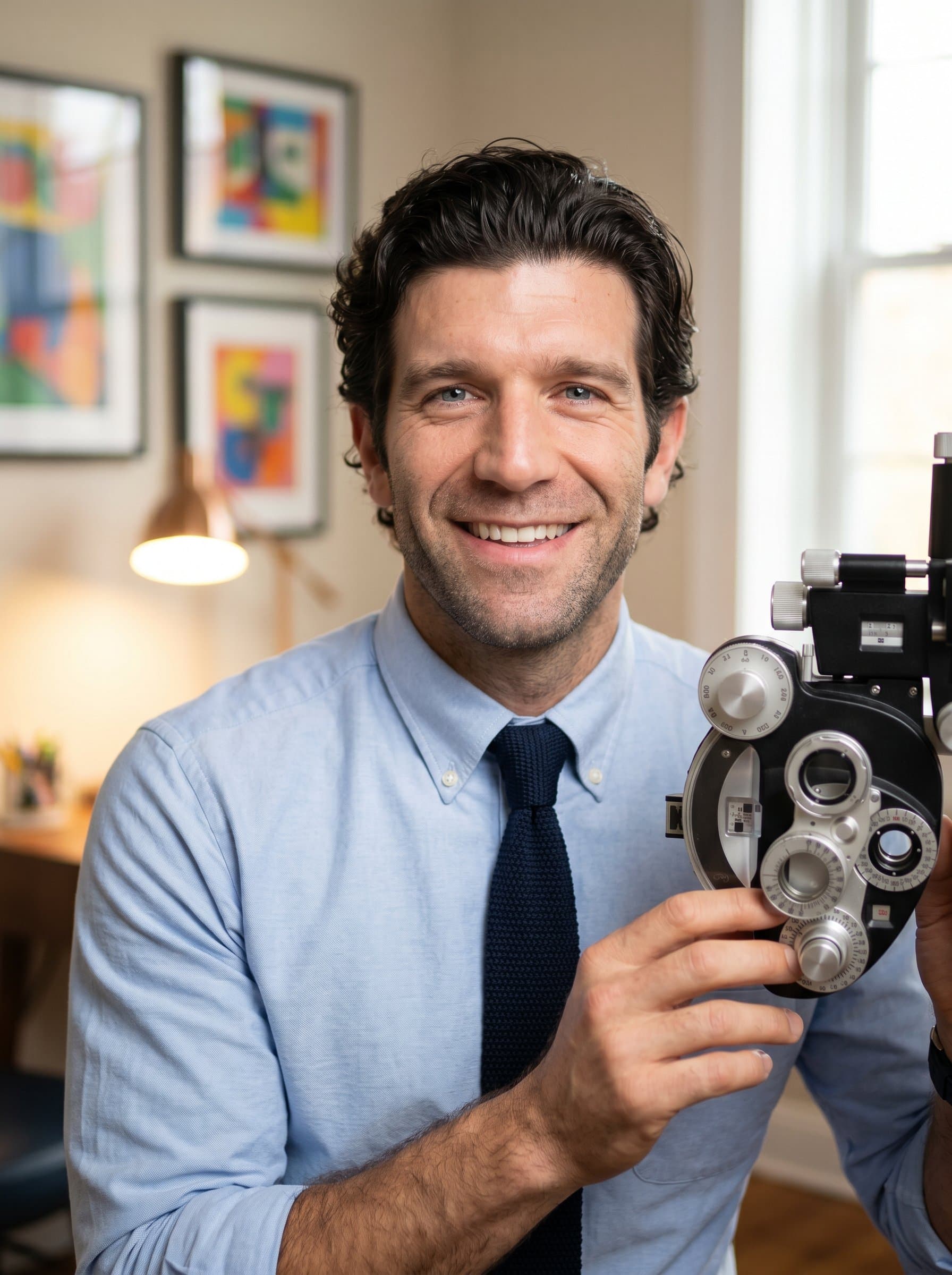 Warm and approachable headshot, featuring a friendly optometrist in a softly lit room with artwork on the walls. The space feels inviting, suggesting a caring and patient-centric practice.