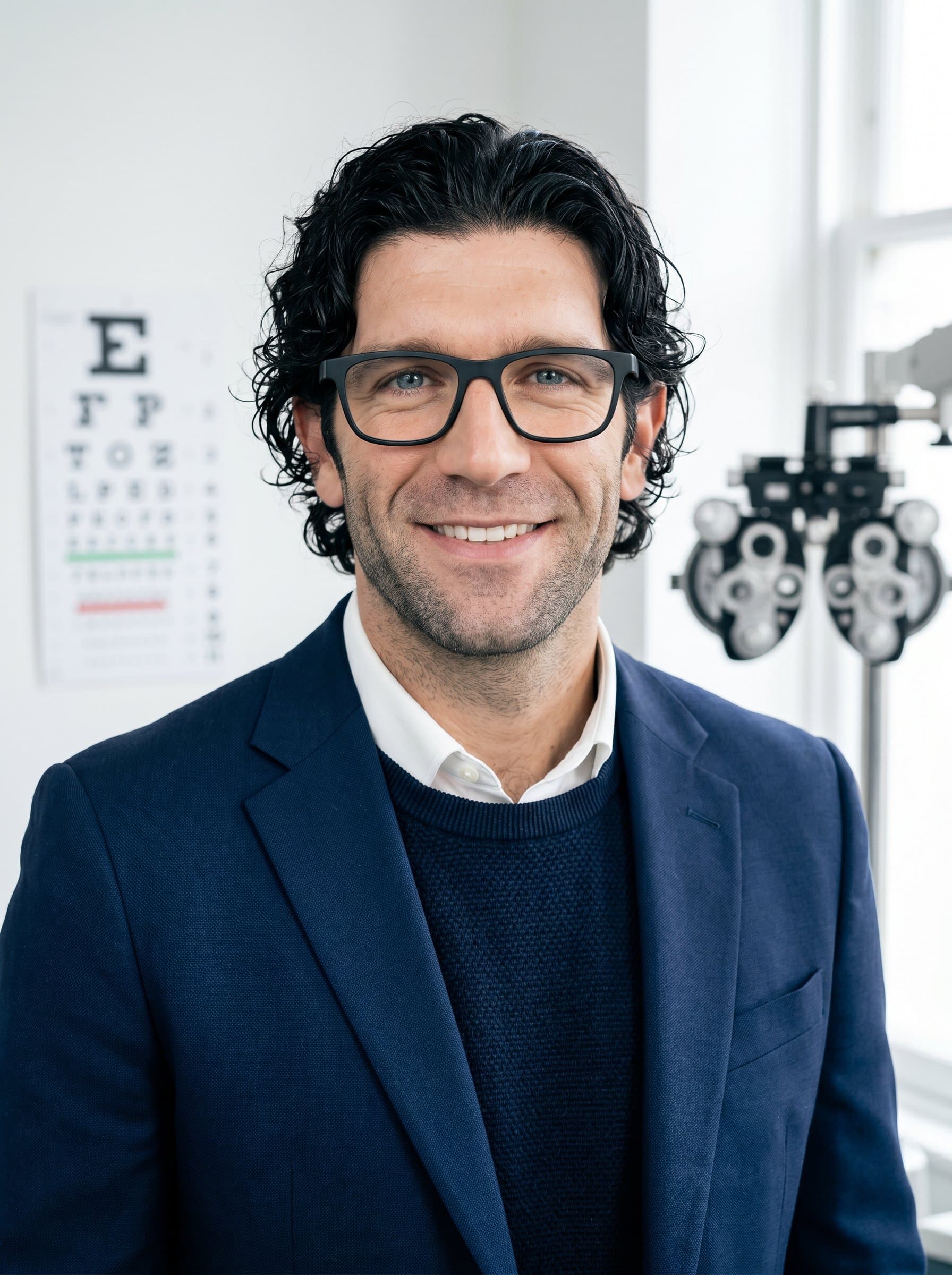 Modern chic headshot of an optometrist, highlighted by sleek eyewear and a stylish blazer. The background is a minimalist clinic space, emphasizing contemporary professionalism and approachability.