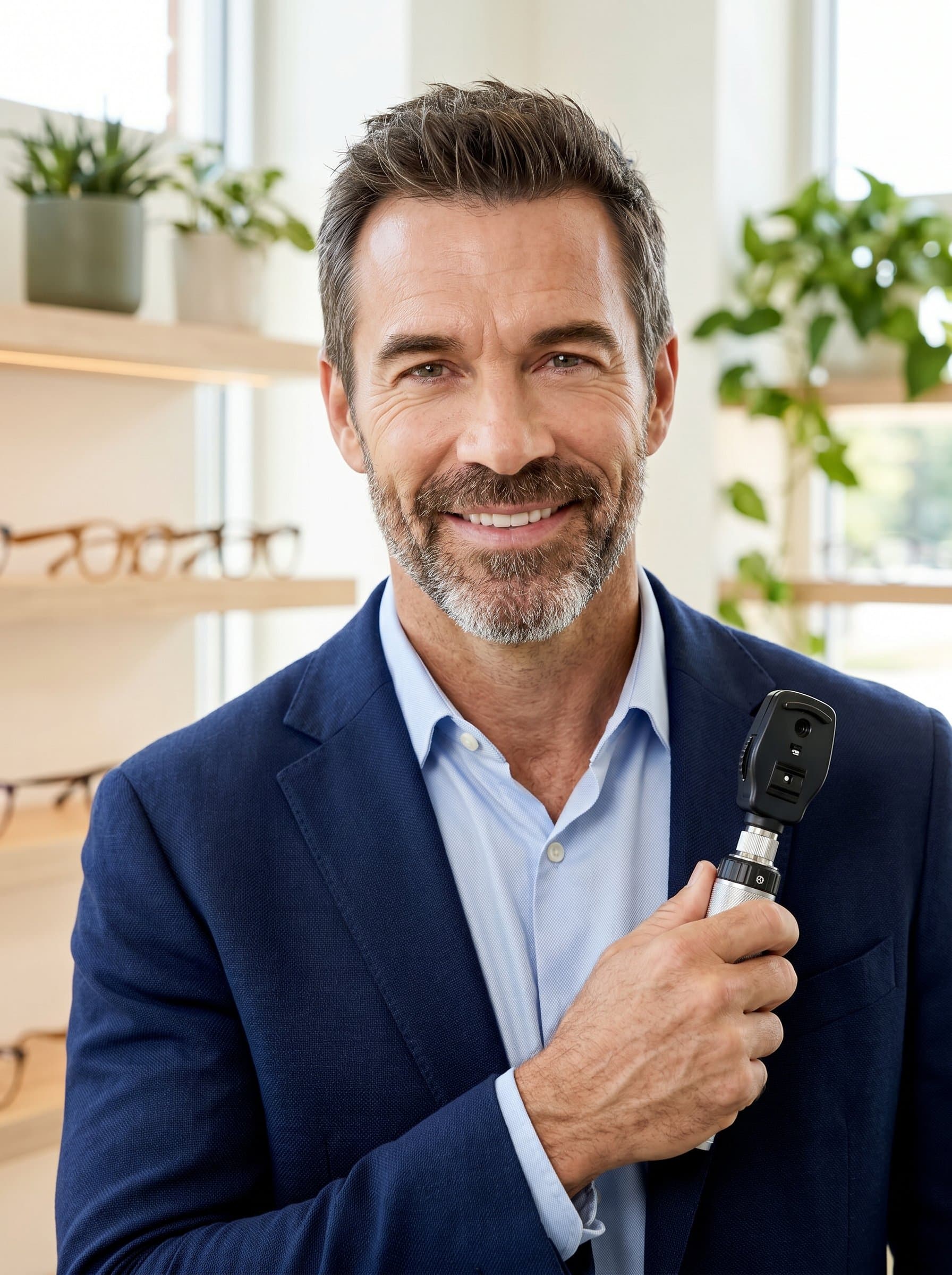 Warm and approachable headshot, featuring an optometrist in a softly lit environment with a welcoming smile. The setting includes soothing colors and elements, fostering a sense of comfort and trust.