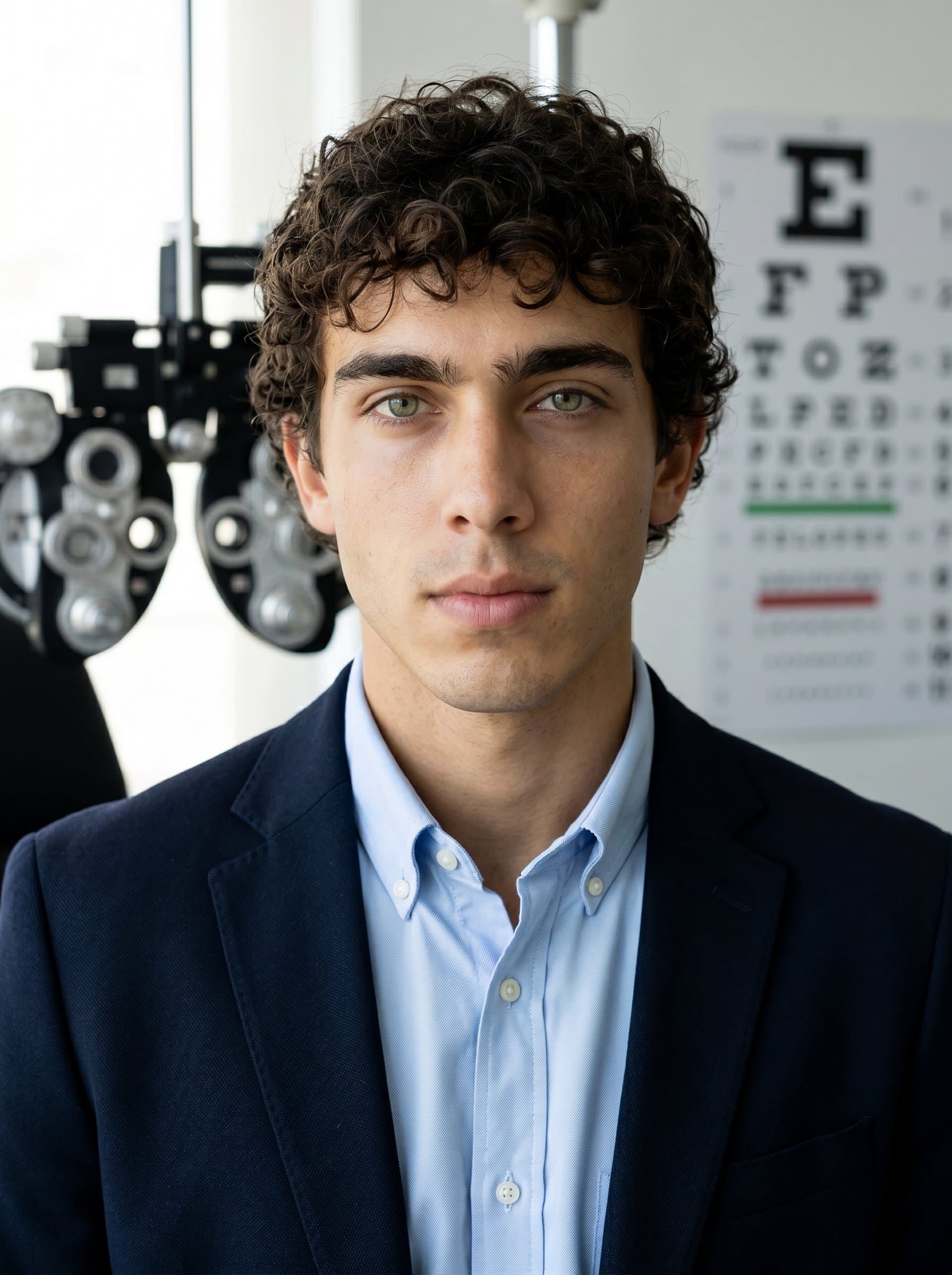headshot of an optometrist in a classic style with a neutral expression, emphasizing a calm and professional demeanor. The background subtly integrates optometric instruments to enhance context.
