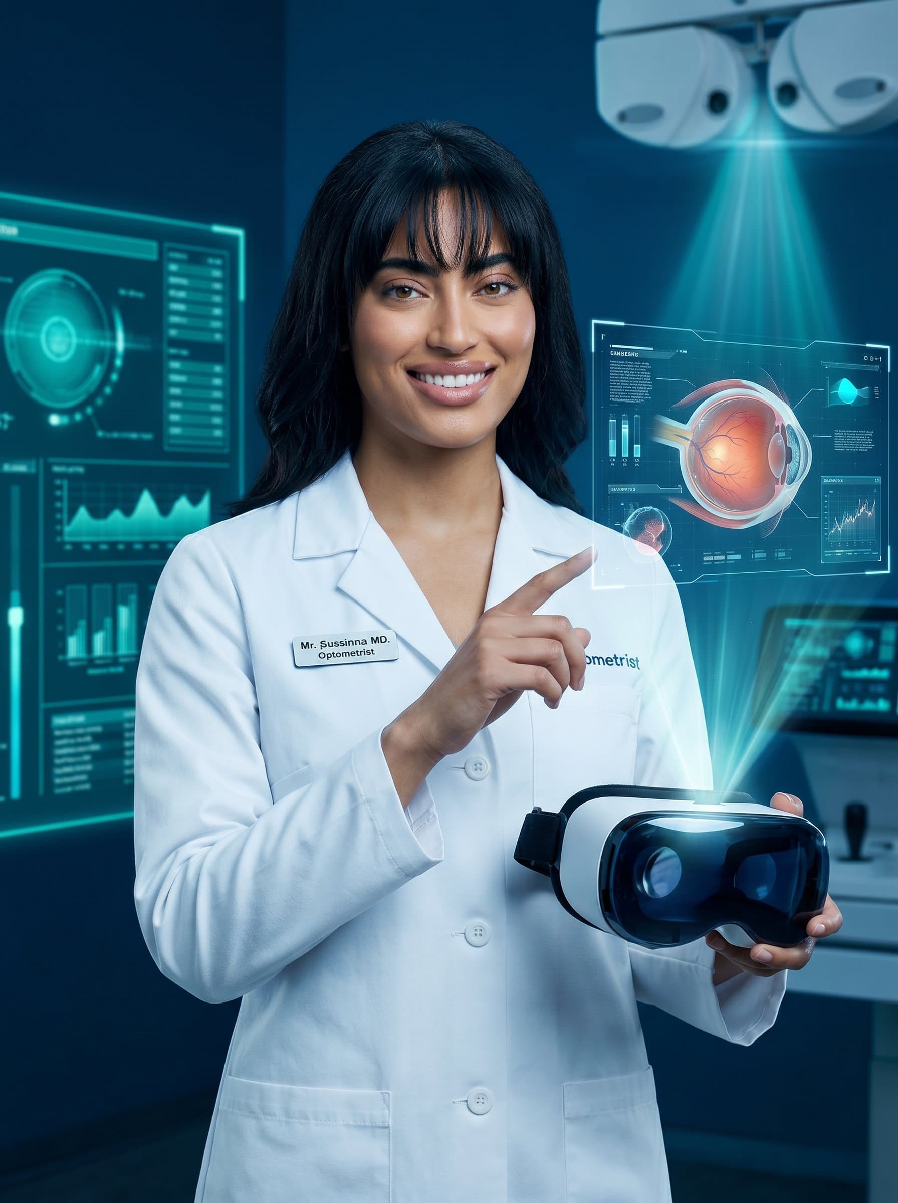 Innovative tech headshot with an optometrist holding a virtual reality headset. The digital background includes holographic displays suggesting cutting-edge optometric practices.