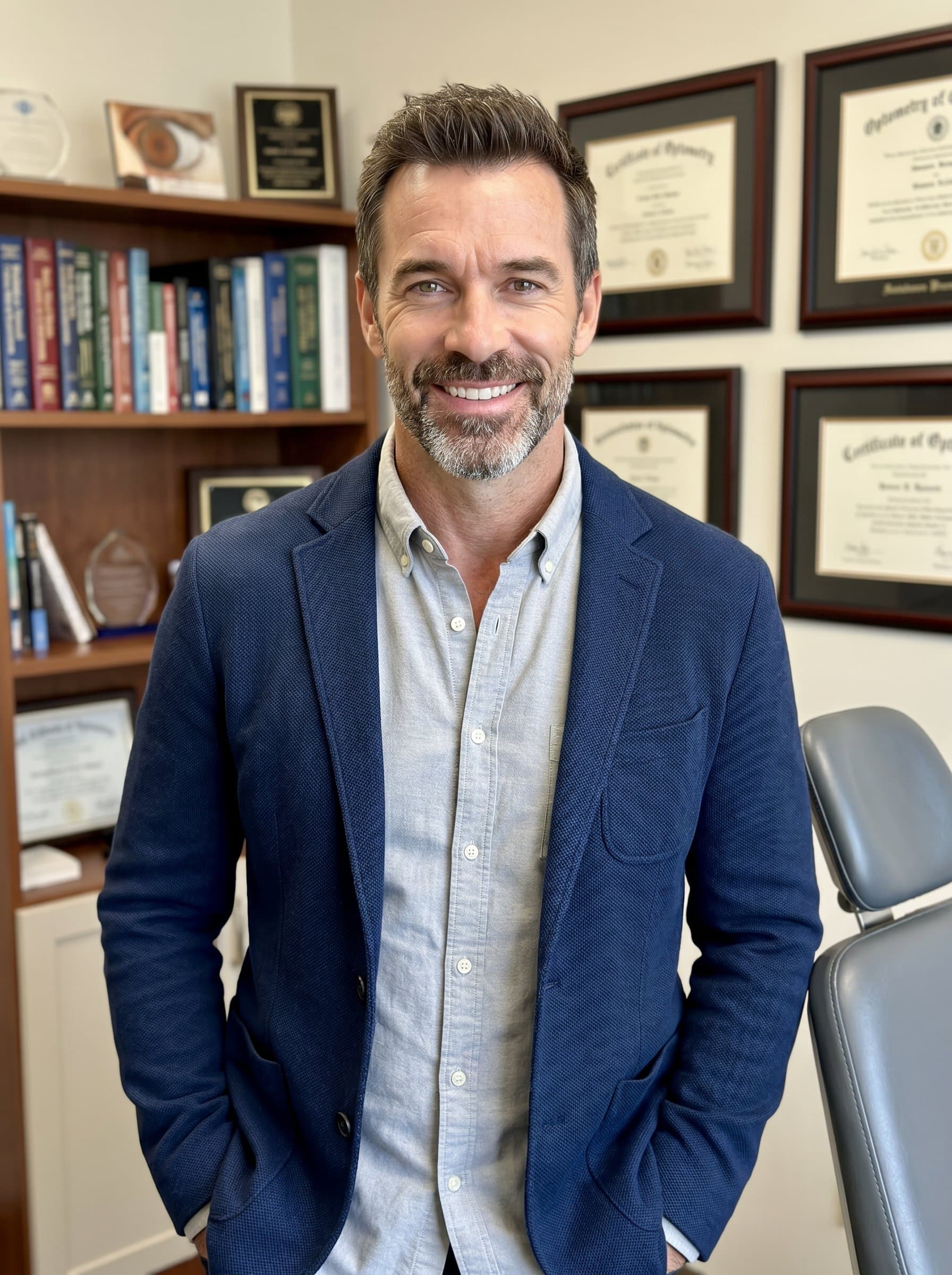 Casual professional headshot where the optometrist is captured in a relaxed pose with casual yet professional attire. A bookshelf and certificates in the background convey knowledge and approachability.