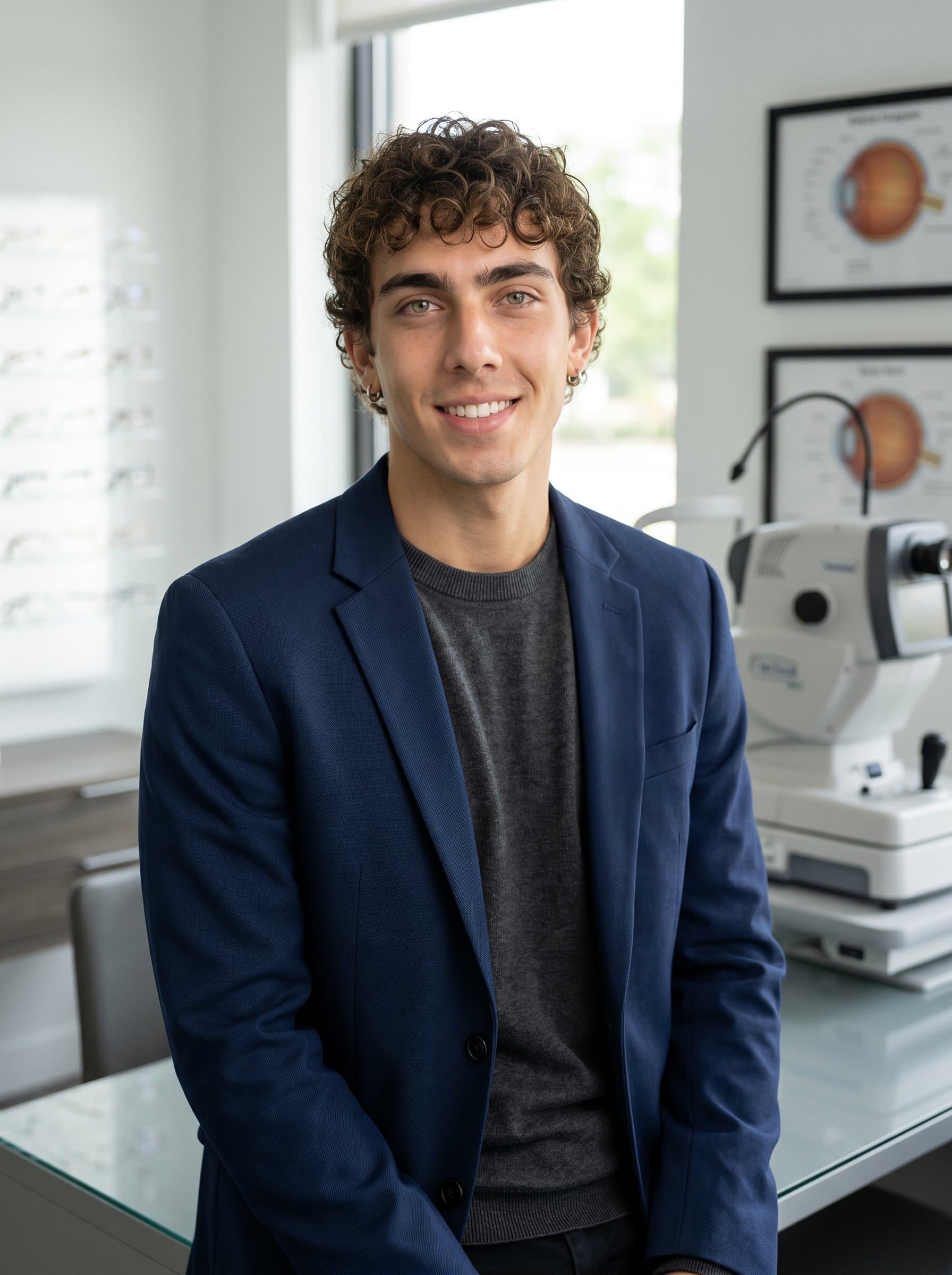Casual professional headshot with an optometrist in a relaxed pose, wearing a comfortable yet stylish outfit. Their office is visible in the background, signaling professionalism within a relaxed environment.