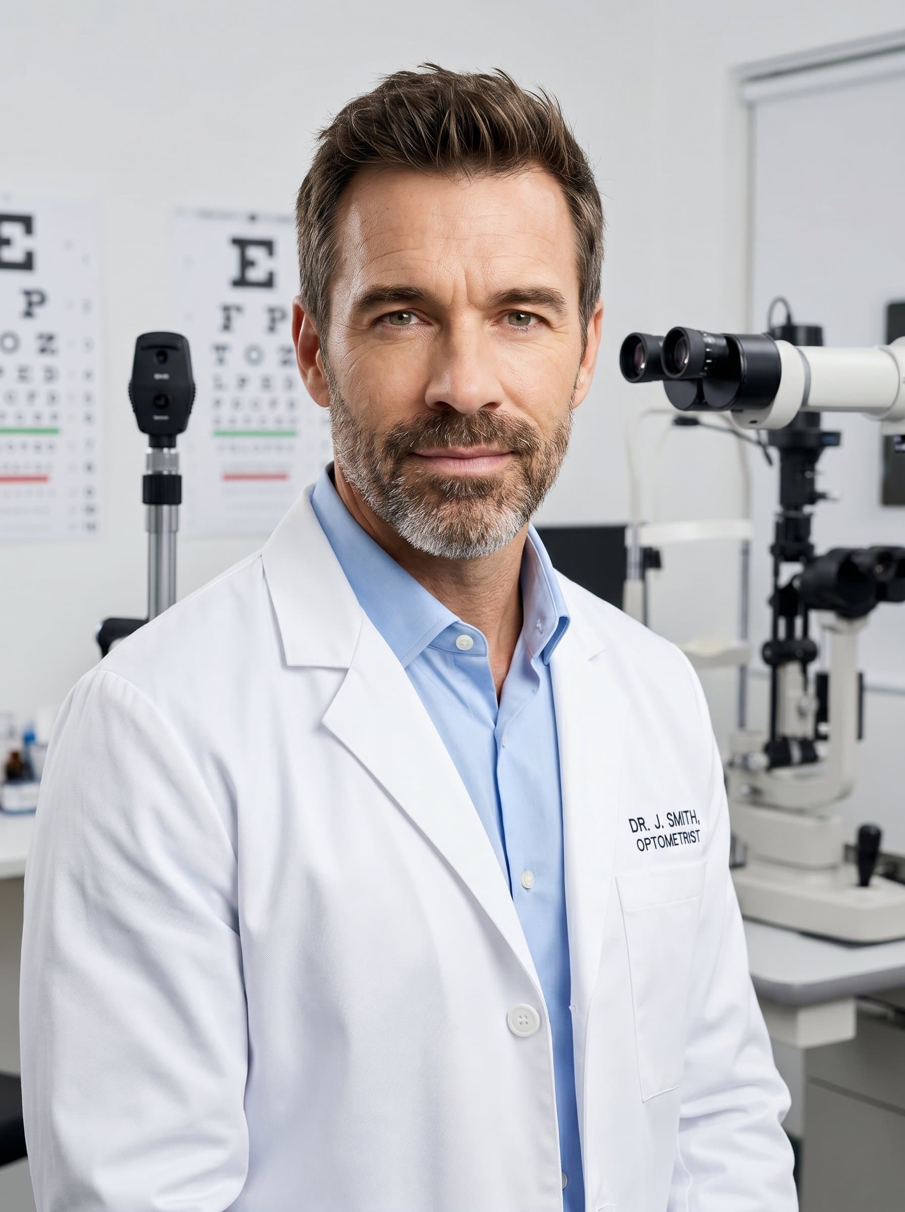 headshot of an optometrist embodying professionalism with a confident gaze, poised against a neutral backdrop. The expression is serene, projecting reliability and dedication to patient care.