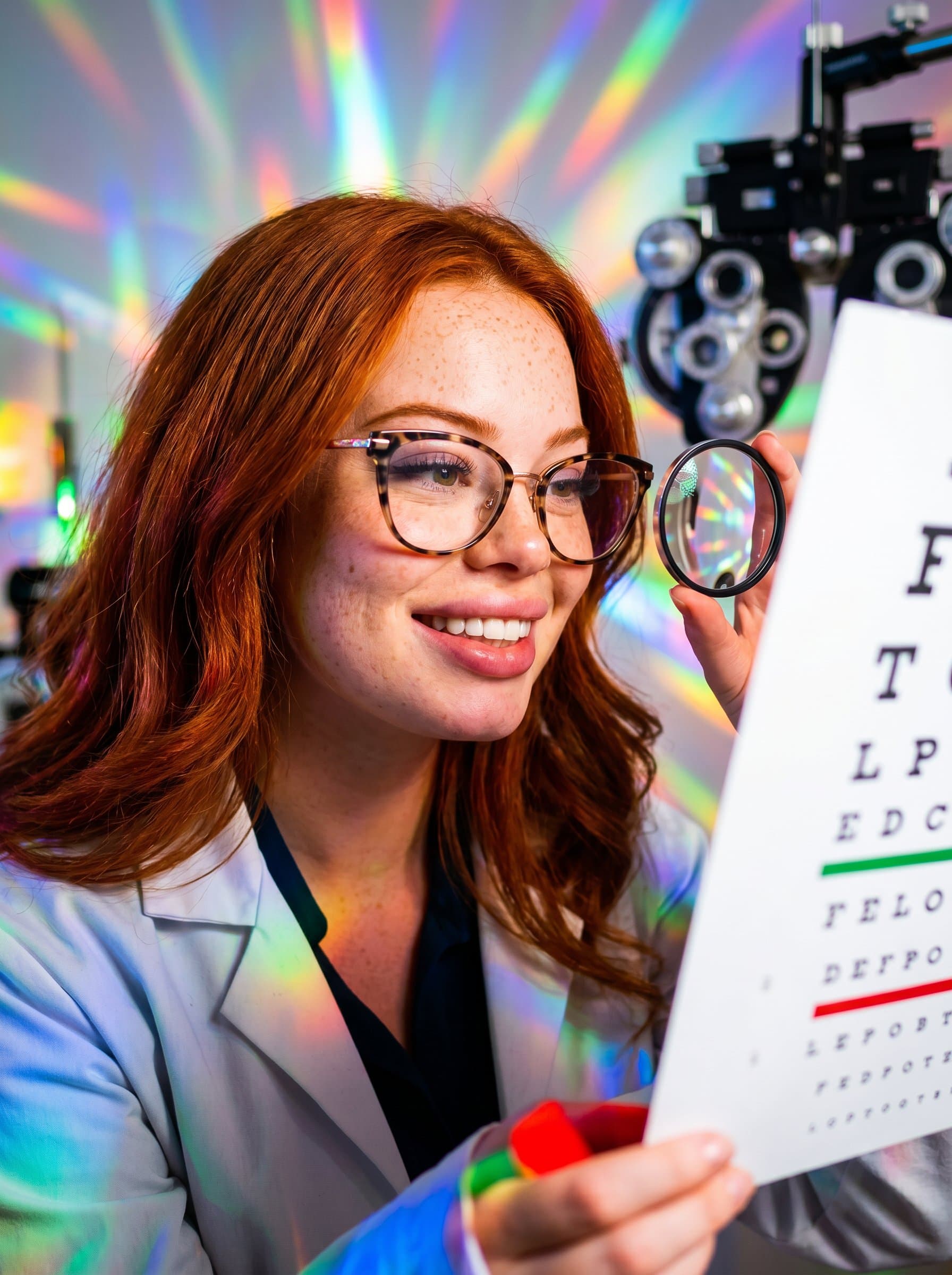 Artistic flair headshot of an optometrist framed by dramatic lighting and unique angles. The setting includes vibrant colors, suggesting creativity and an unconventional approach to eye care.