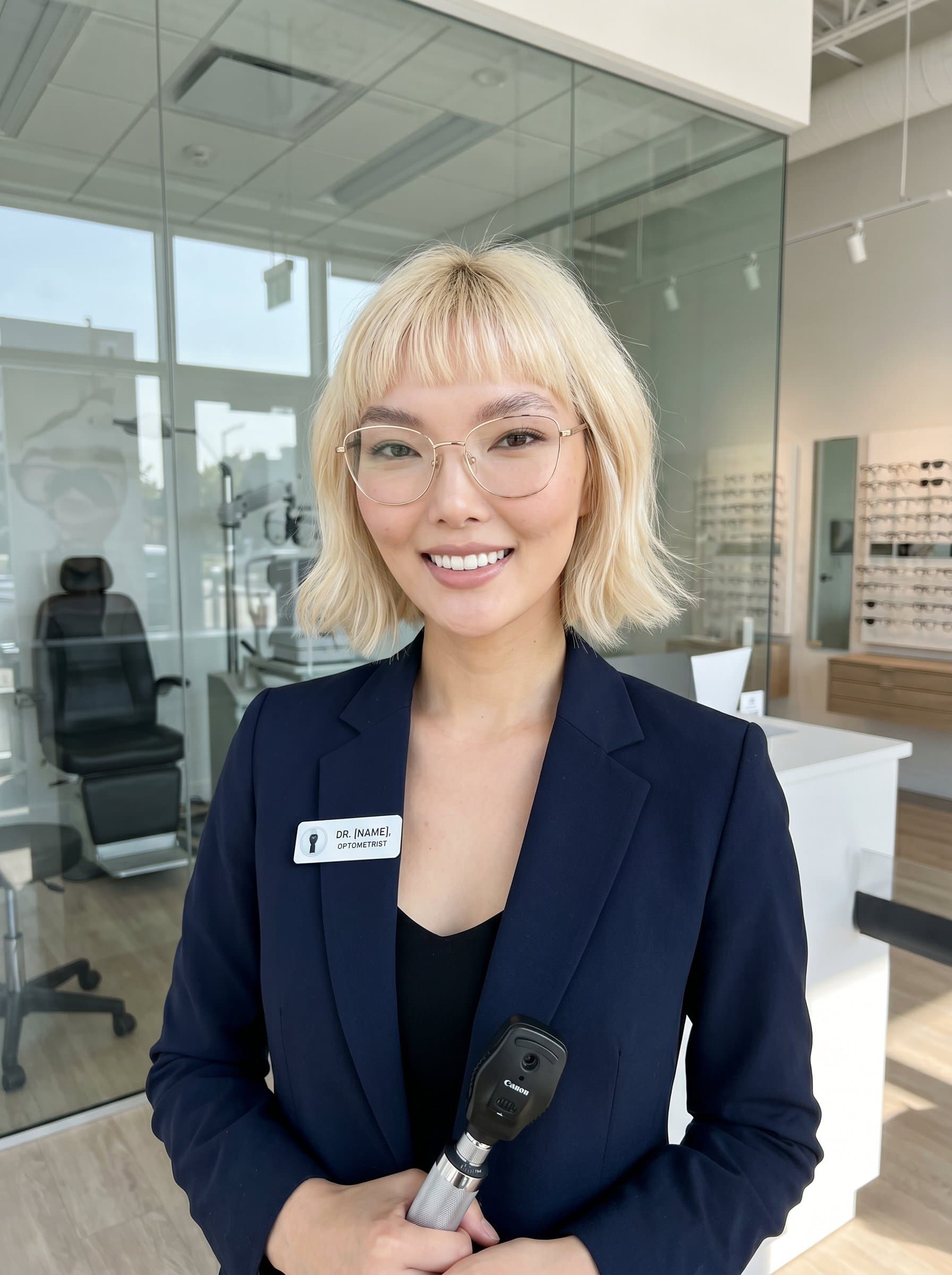 Modern chic headshot of an optometrist with a smart, fashionable wardrobe. The backdrop is a glass-walled clinic, reinforcing a blend of style and modern medical expertise.