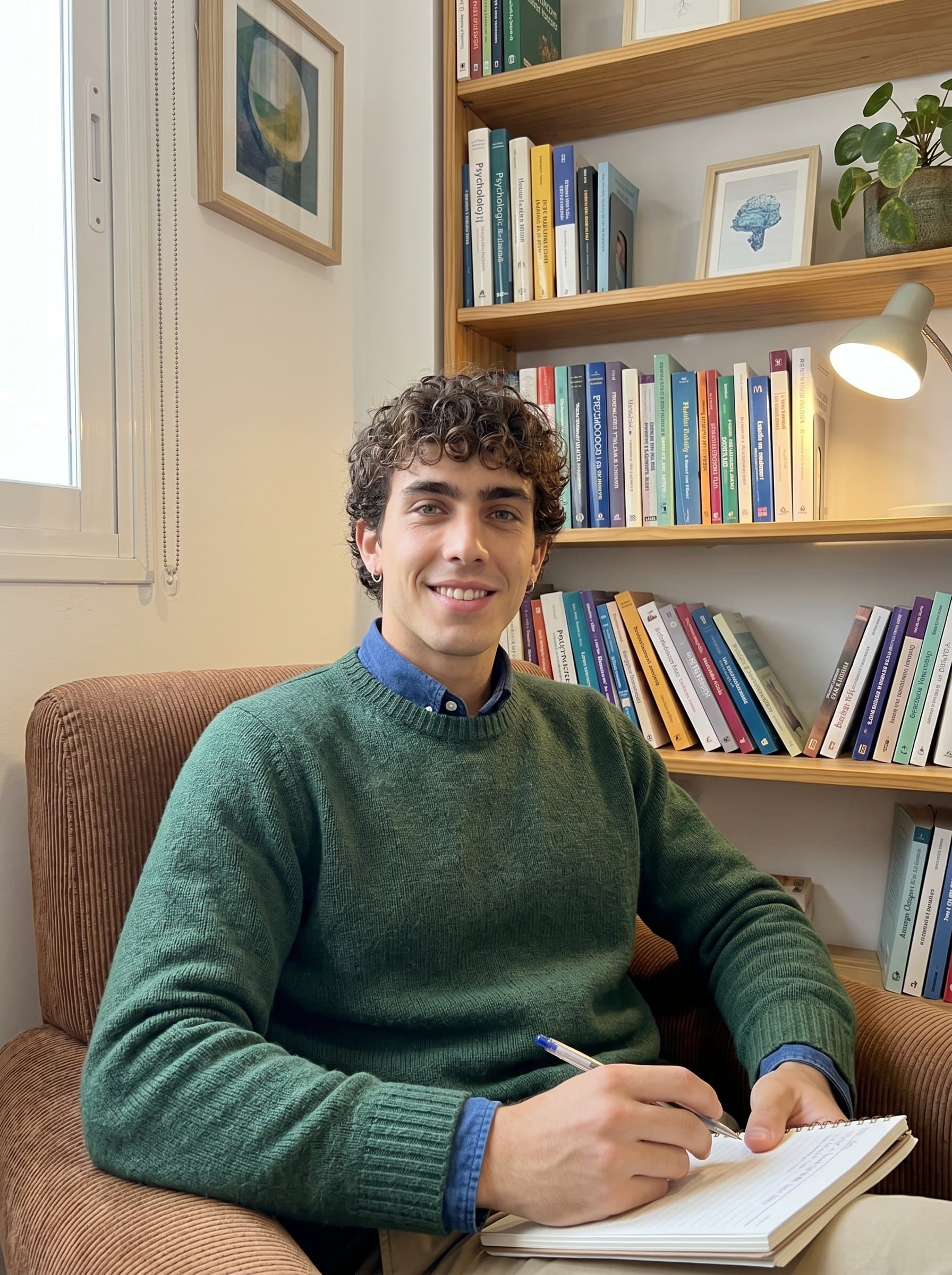 Capture of in a cozy office corner, psychologist with a relaxed posture, surrounded by soft furnishings and shelves of therapy books, their face reflecting patience and compassion.