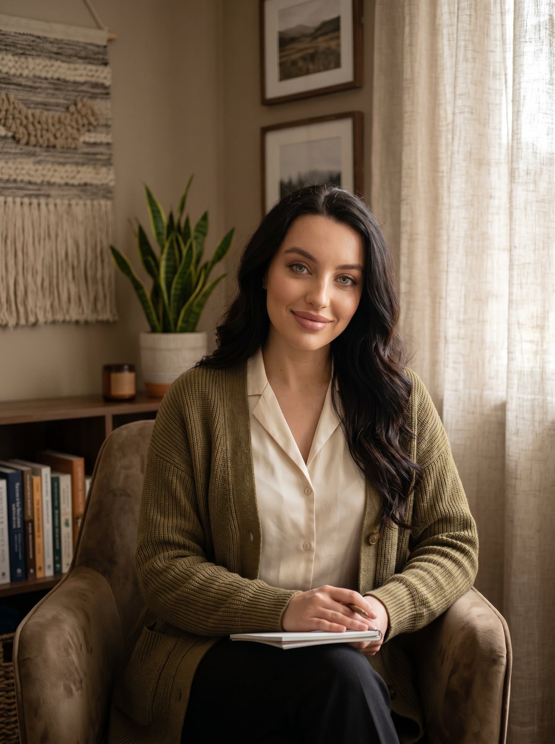A serene with delicate soft lighting, featuring a psychologist in a cozy office with earth-toned decor, conveying a sense of calm and understanding with a gentle smile and attentive gaze.