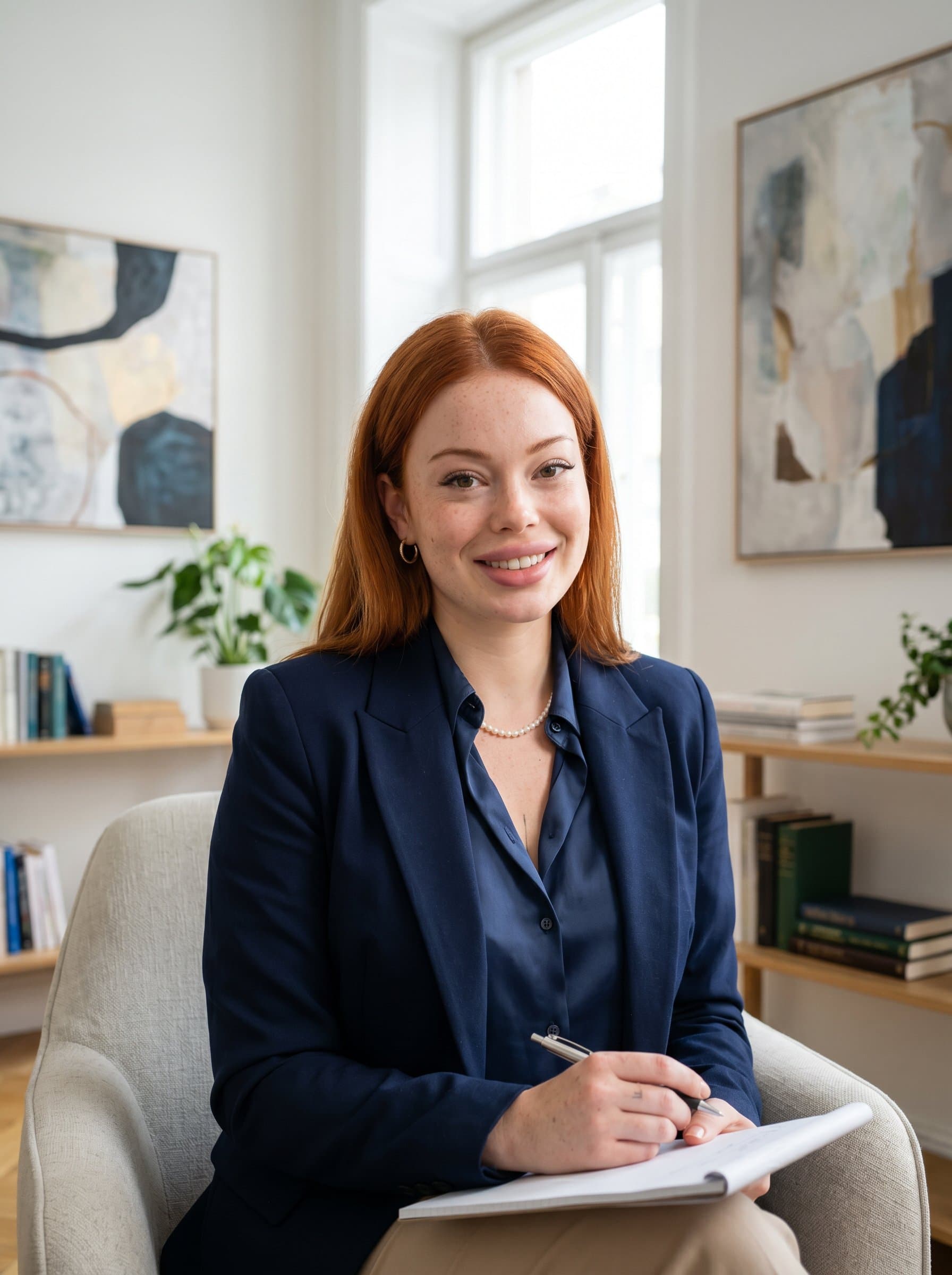 Photorealistic showing a psychologist in a modern office, walls adorned with abstract art, soft lighting accentuating their friendly smile, crafting an environment of comfort and approachability.