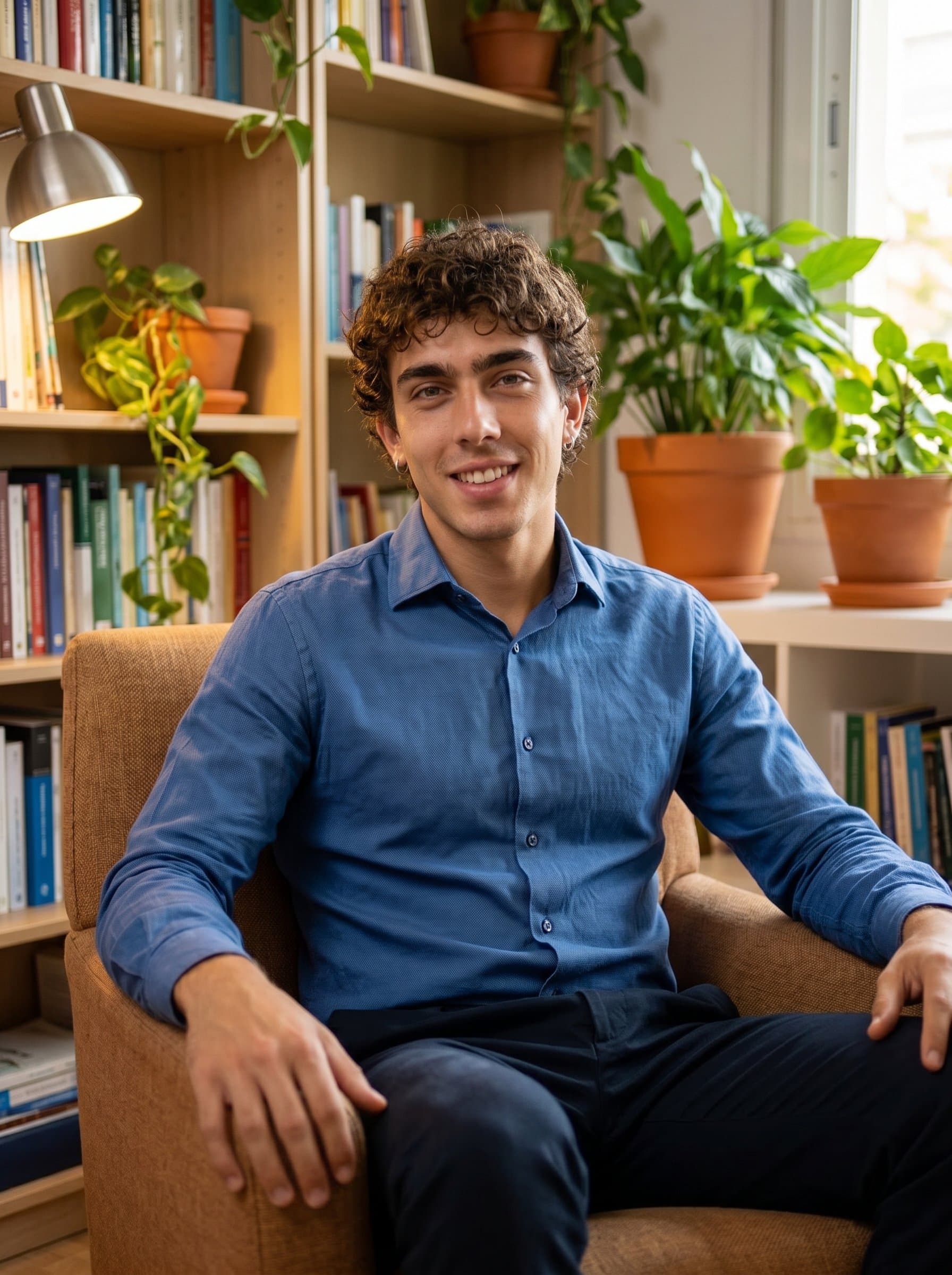 capturing a psychologist seated in a comfortable chair, surrounded by books and warm-toned plants, exuding empathy and professionalism with softly lit room highlighting their approachable demeanor.