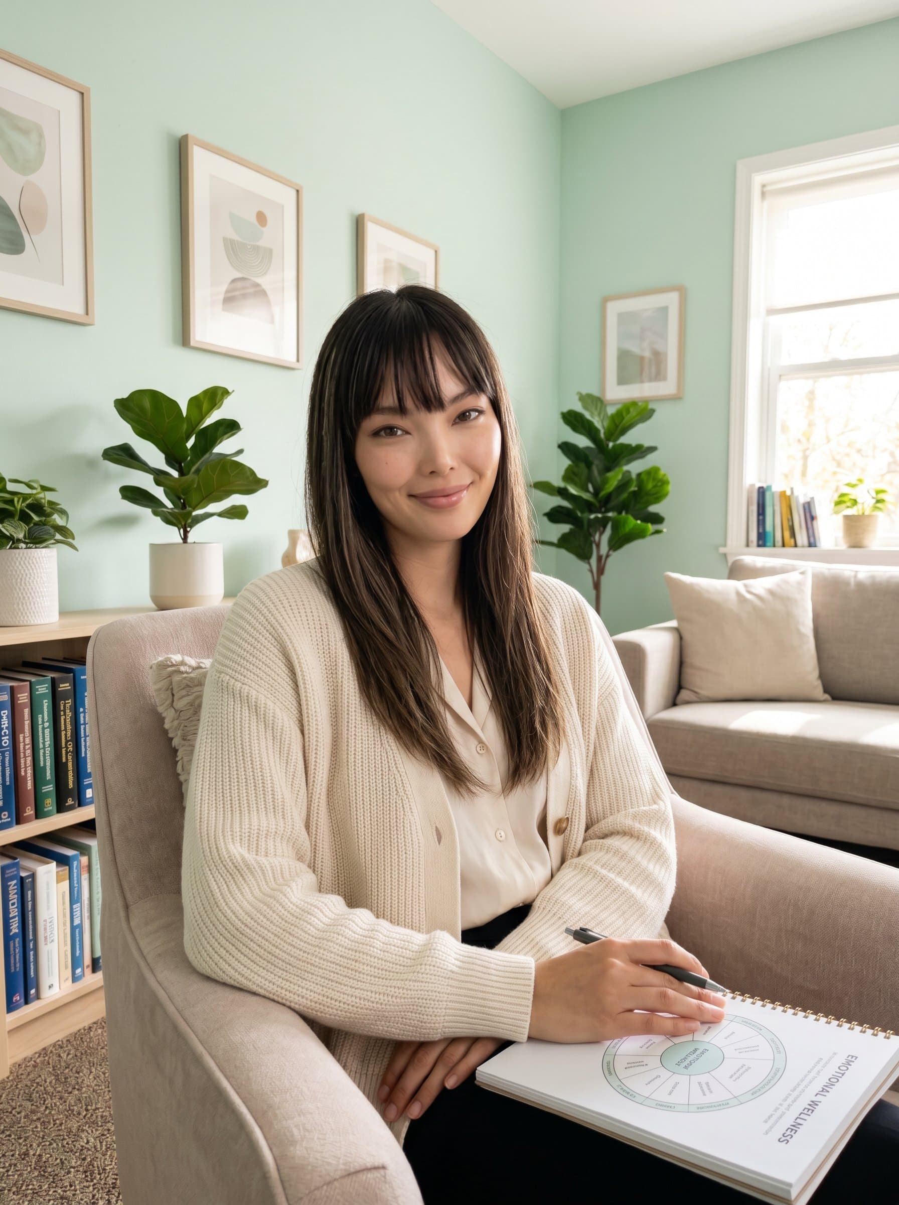 Warm, inviting of a psychologist in a thoughtfully designed space, featuring calming pastel walls and a serene smile, suggesting a welcoming atmosphere where trust is easily built.