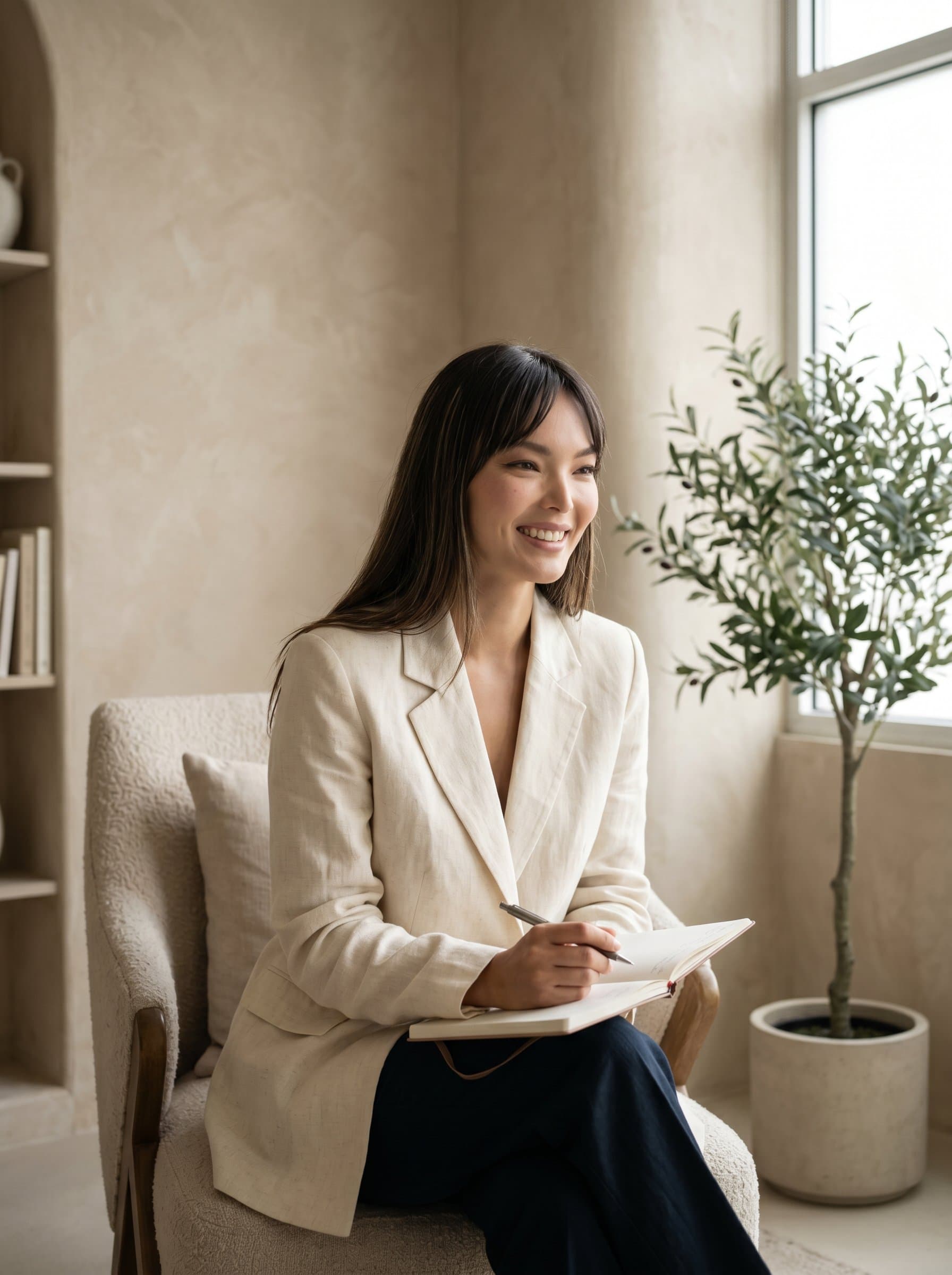 A tranquil in a softly lit room, psychologist with a kind smile, complemented by a minimalistic backdrop featuring subtle textures that evoke a sense of peace and reflection.