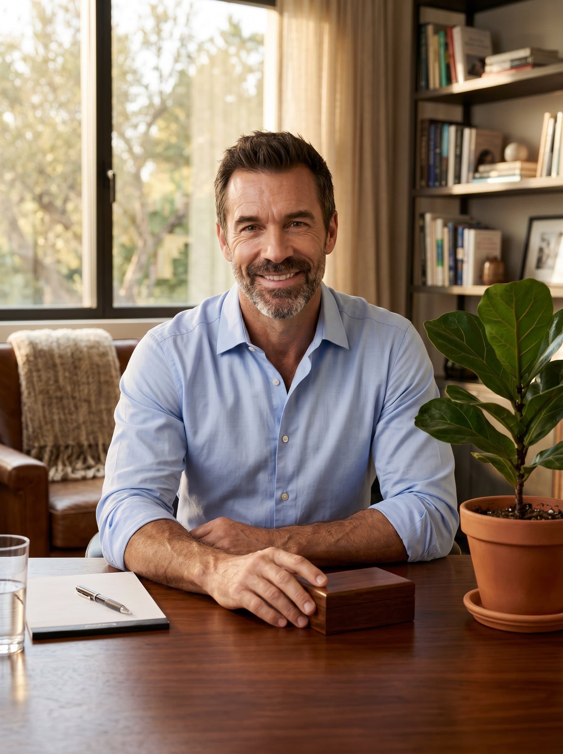An inviting featuring a psychologist at a wooden desk, a potted plant nearby, with a relaxed expression that conveys trust, in a setting that combines modern design with classic warmth.
