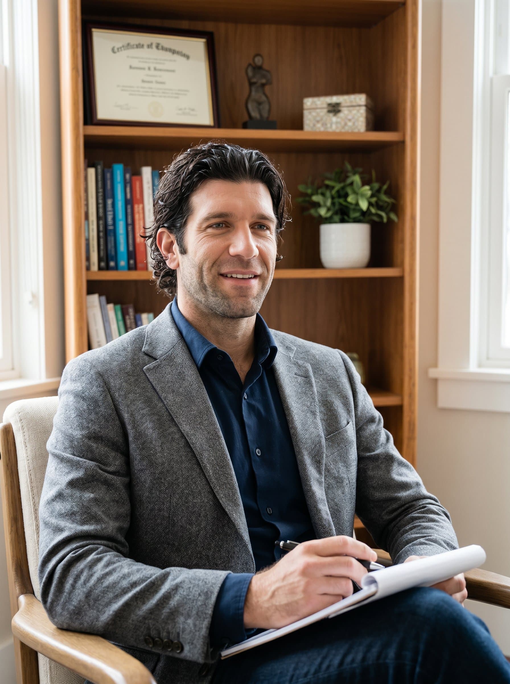 Professional featuring a psychologist framed by gentle lighting, behind them a shelf with meaningful mementos, their expression both professional and empathetic, in a setting that feels personal yet professional.