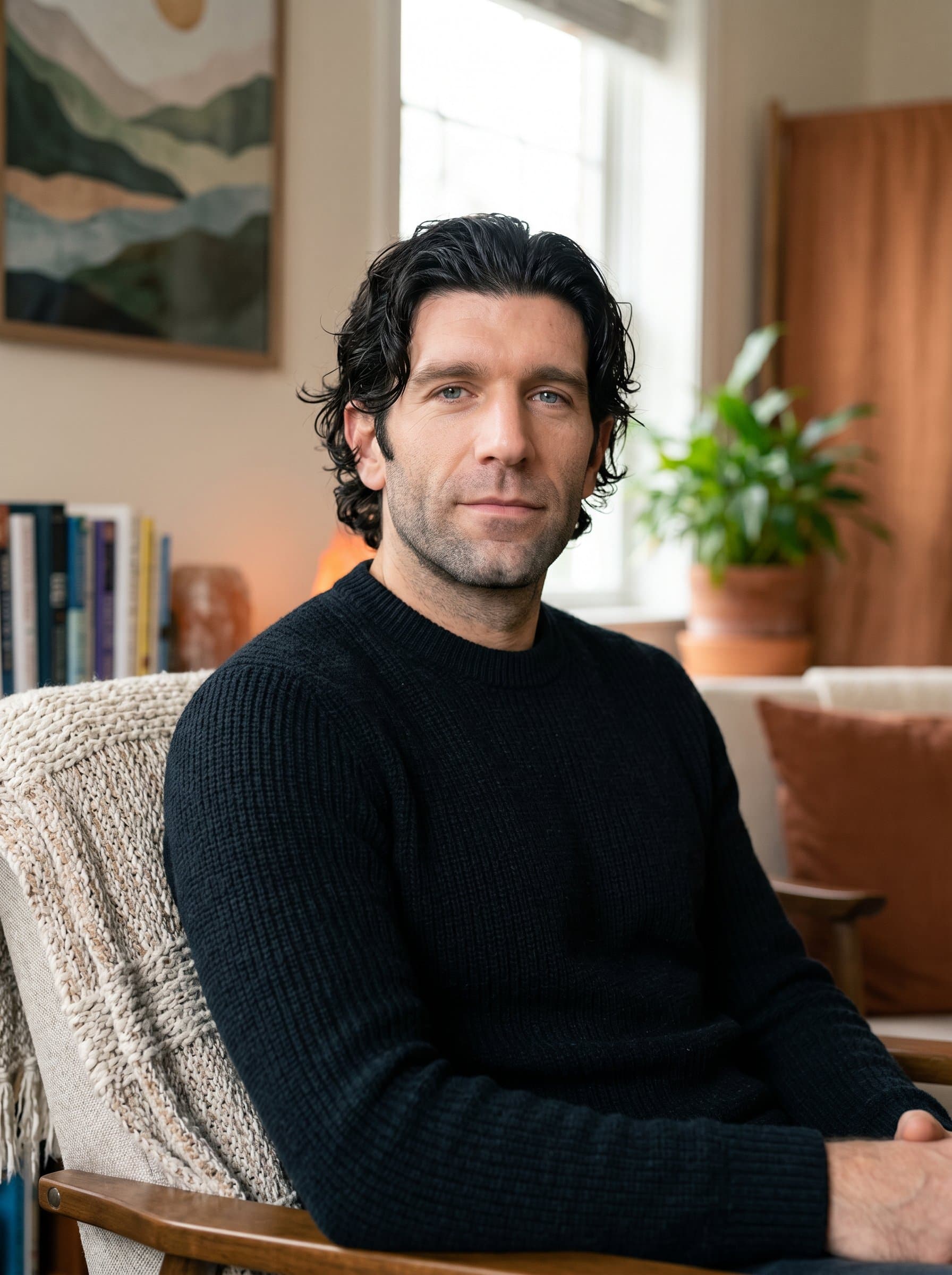 Thoughtful of a psychologist with gentle lighting highlighting their compassionate eyes, surrounded by earthly elements like soft textiles and calming art, suggesting an environment conducive to healing and growth.
