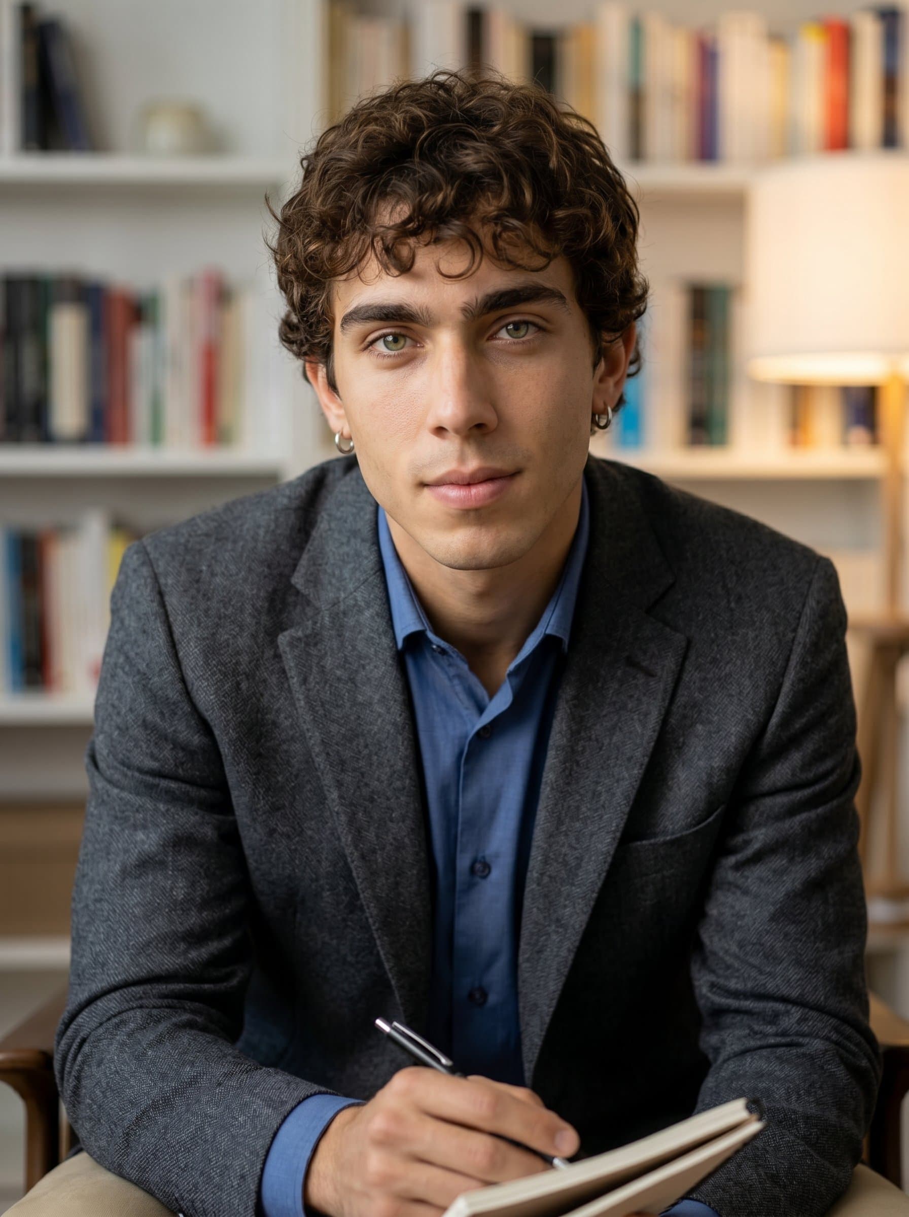 A sophisticated of a psychologist leaning slightly forward, books and soft lighting behind, their expression inviting and understanding, set in a space designed for calm and focused listening.