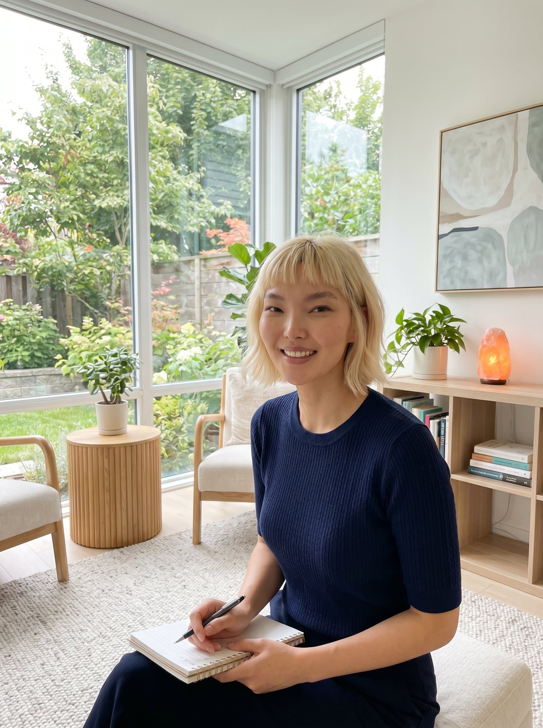 of a psychologist in a room with large windows, natural light enhancing their welcoming smile, surrounded by tasteful, calming decor and elements that promote an air of relaxation.