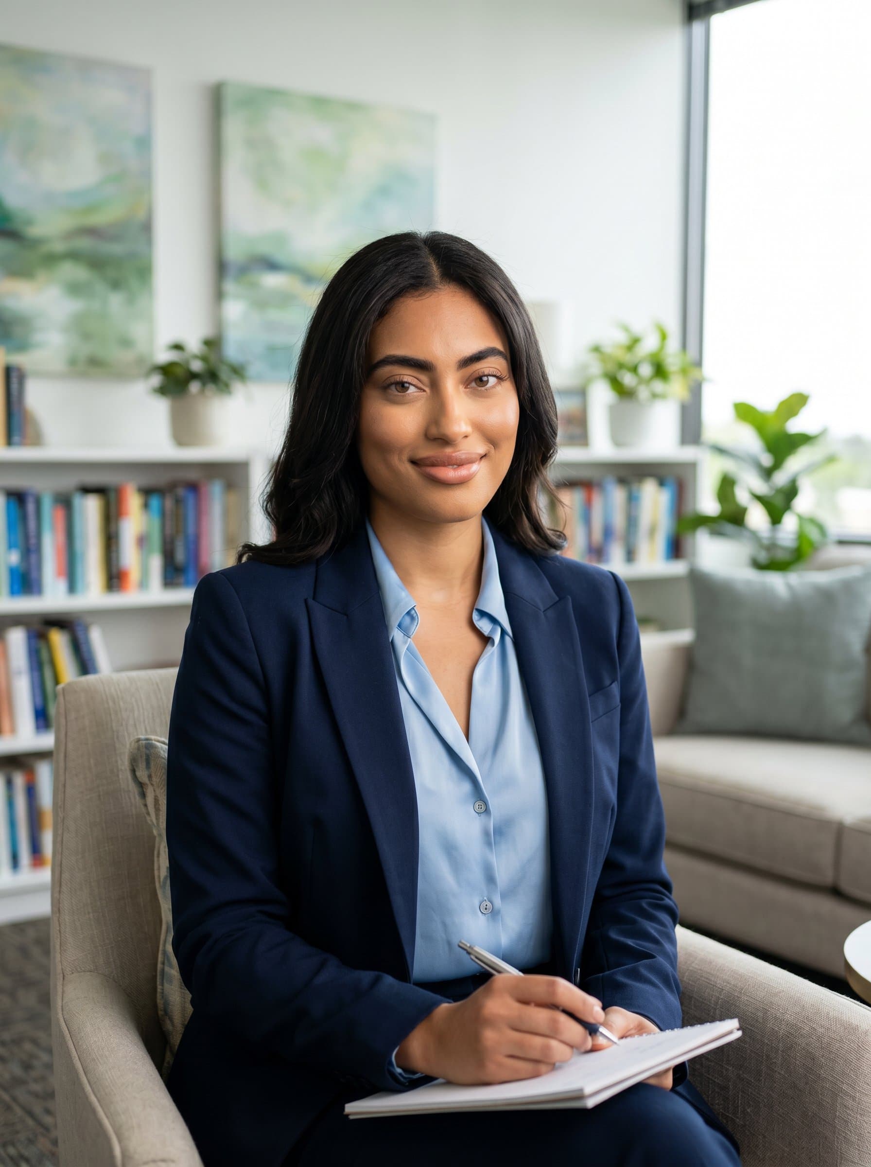 Professionally lit psychologist against a backdrop of soft greens and blues, their expression warm and engaged, in an office that suggests a safe space for thoughtful conversation.