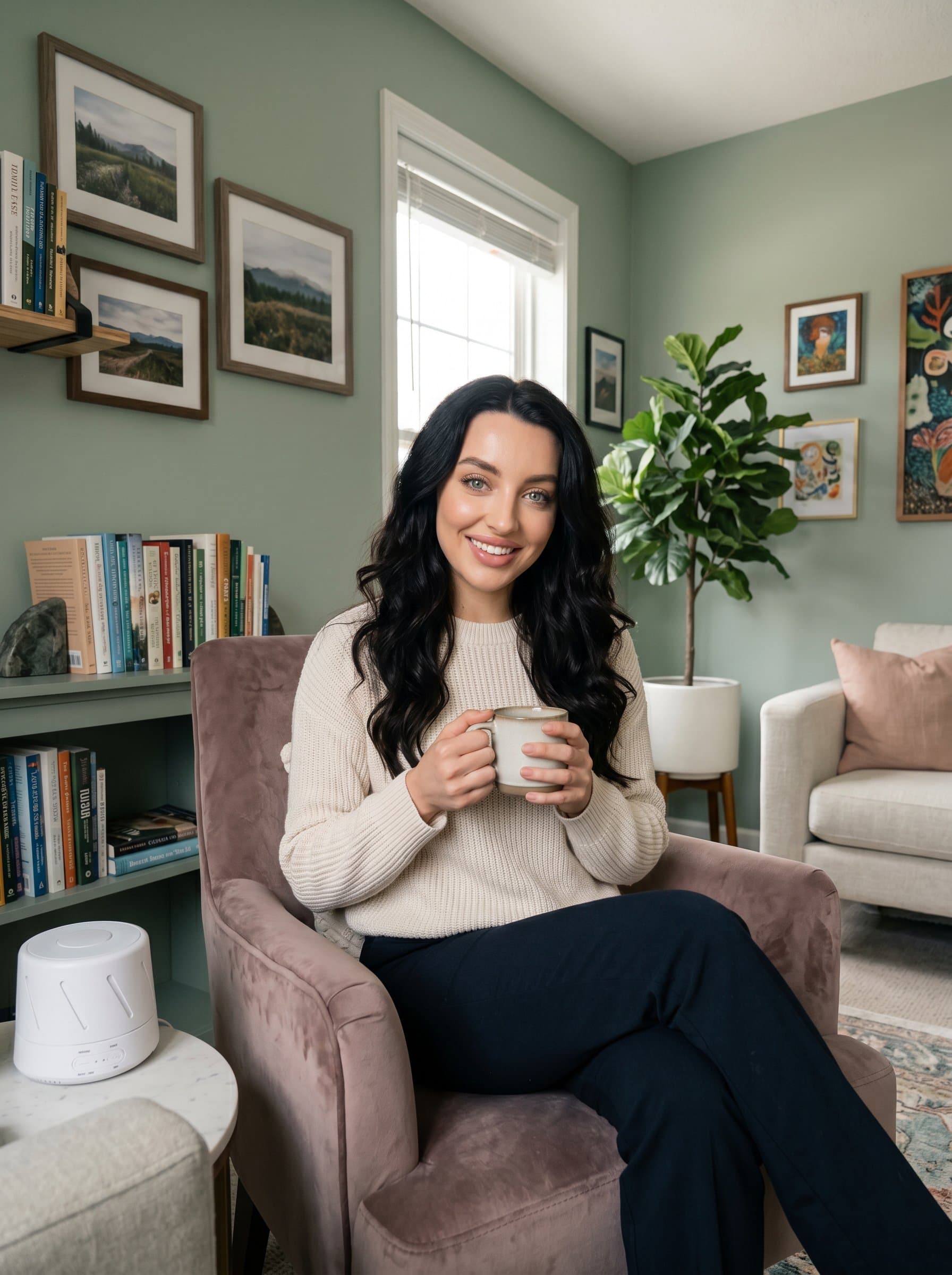 Welcoming with a psychologist seated casually in a softly colored room, framed photos and art on the walls, their expression exuding warmth, indicating an office that's both personal and professional.