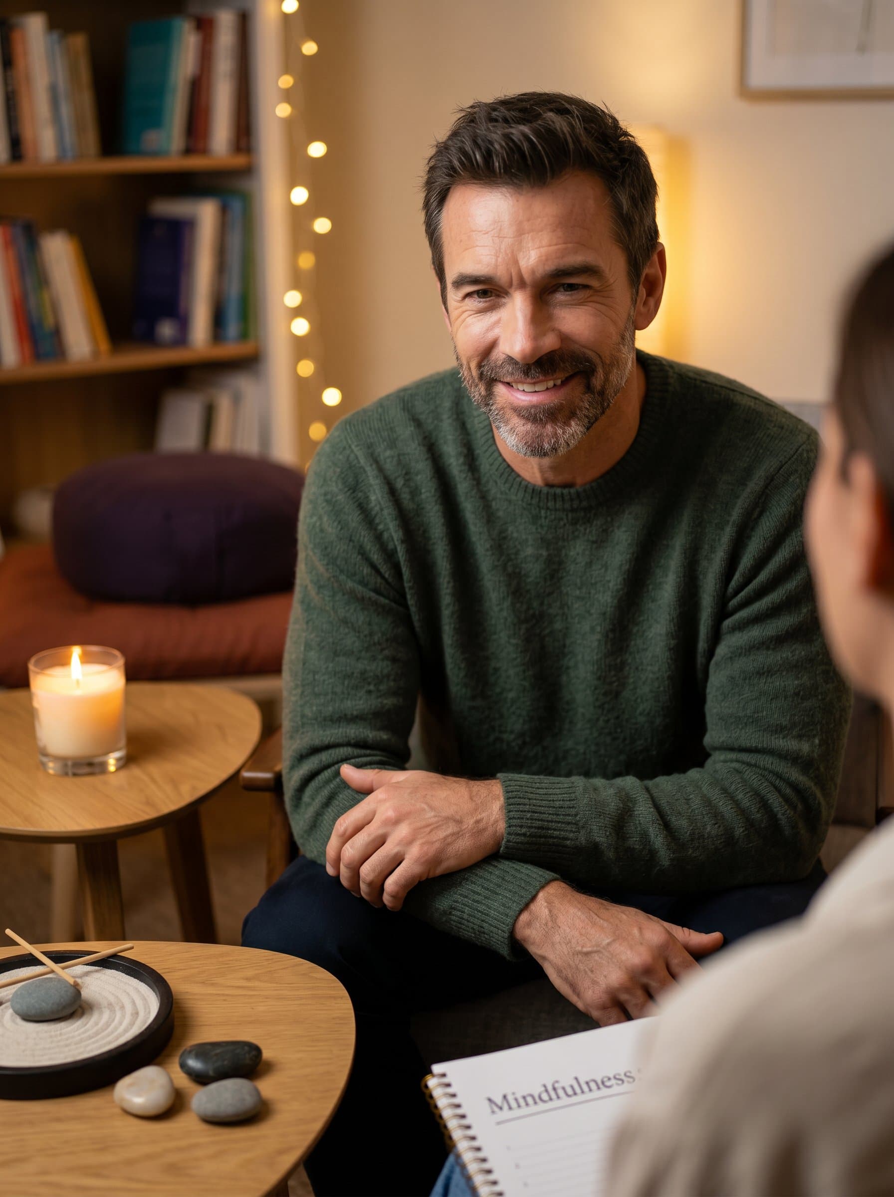 featuring a psychologist near a softly burning candle, warm lighting creating an inviting atmosphere, their smile gentle and genuine, surrounded by elements that suggest mindfulness and introspection.