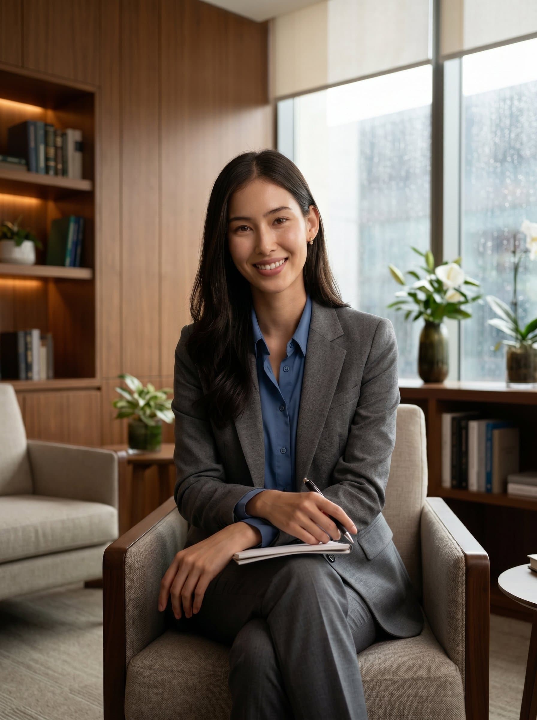 of a psychologist in a contemporary office setting, subtle lighting painting a picture of sophistication and calm, their posture and expression inviting an honest and open conversation.