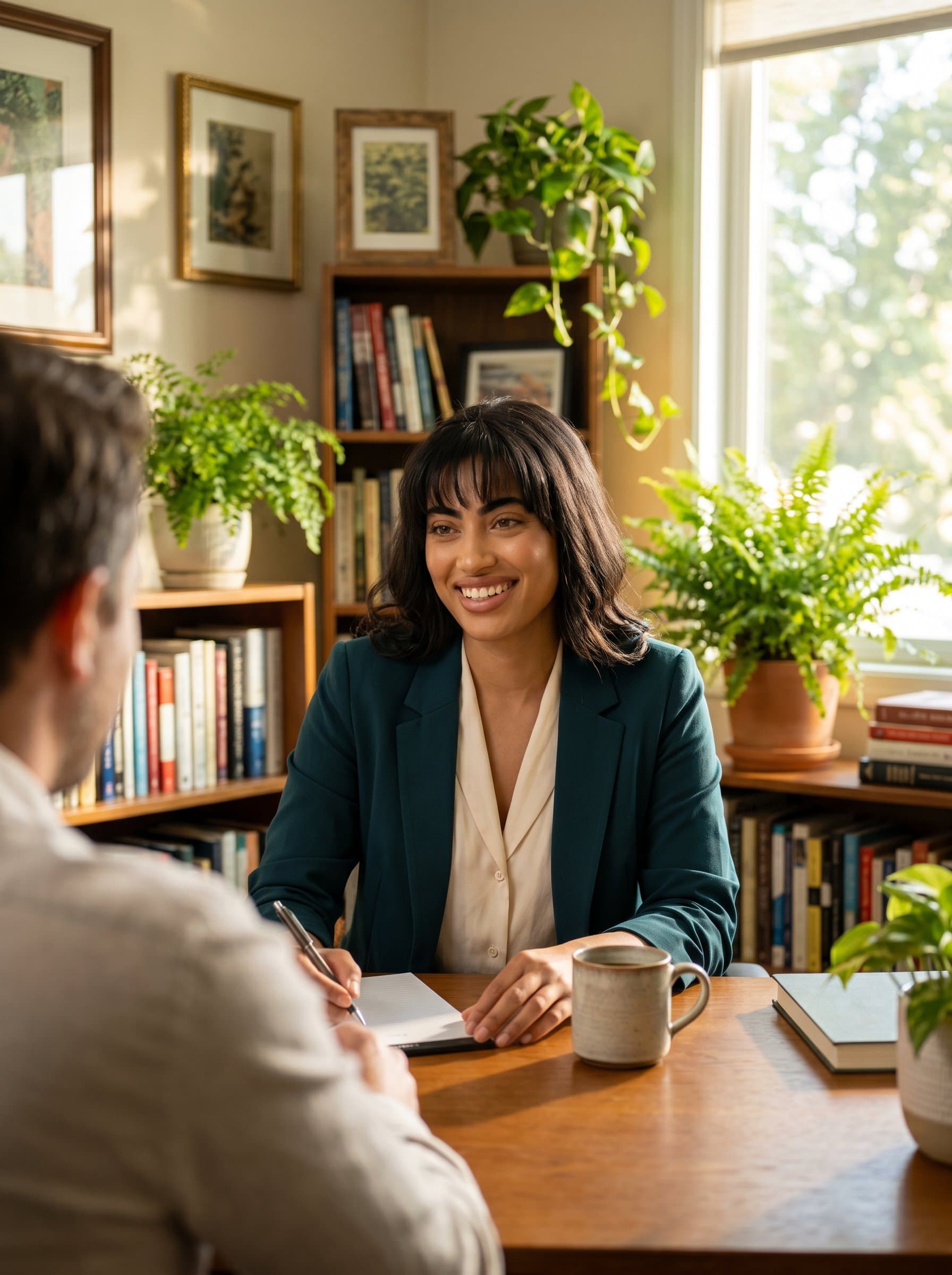 in a cozy office setting, surrounded by books and plants, exuding warmth and professionalism. Wearing business casual attire, they are smiling warmly, engaging with a client across the table. Photorealistic.