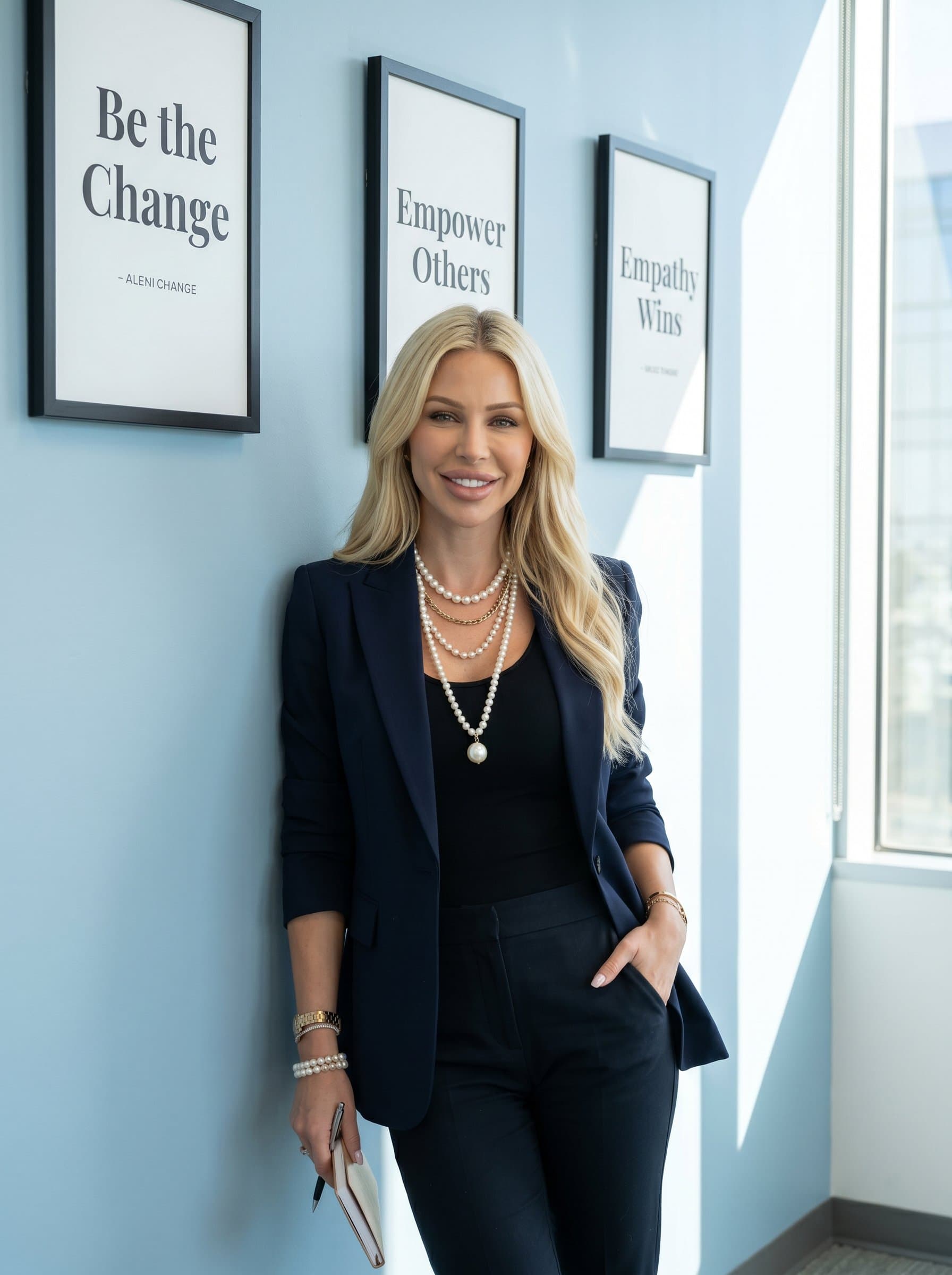leans against a modern office wall, with framed inspirational quotes in the background. Their approachable demeanor and confident posture highlight their expertise and passion for social work. Photorealistic.