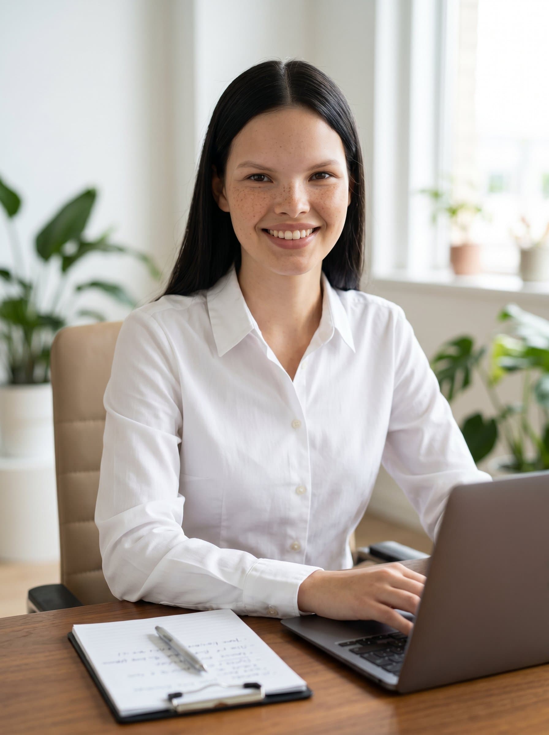 seated at a simple, elegant desk with a laptop and notepad in an airy office. Their focused gaze and welcoming smile capture professionalism and genuine care in social work. Photorealistic.