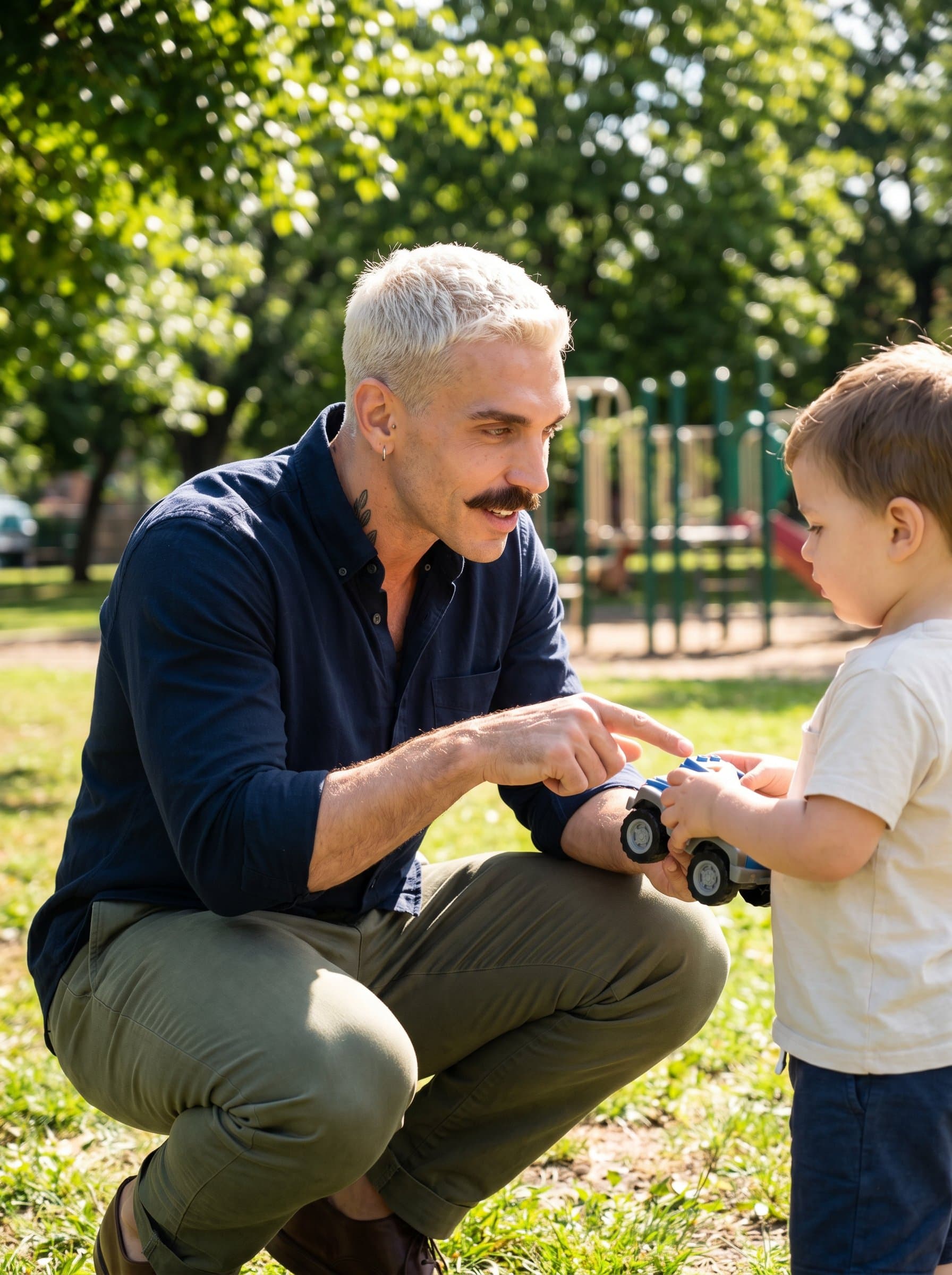 stands in a sunlit park, engaging with a child at eye level, demonstrating patience and kindness. Their relaxed yet professional attire reflects their adaptable nature. Photorealistic.