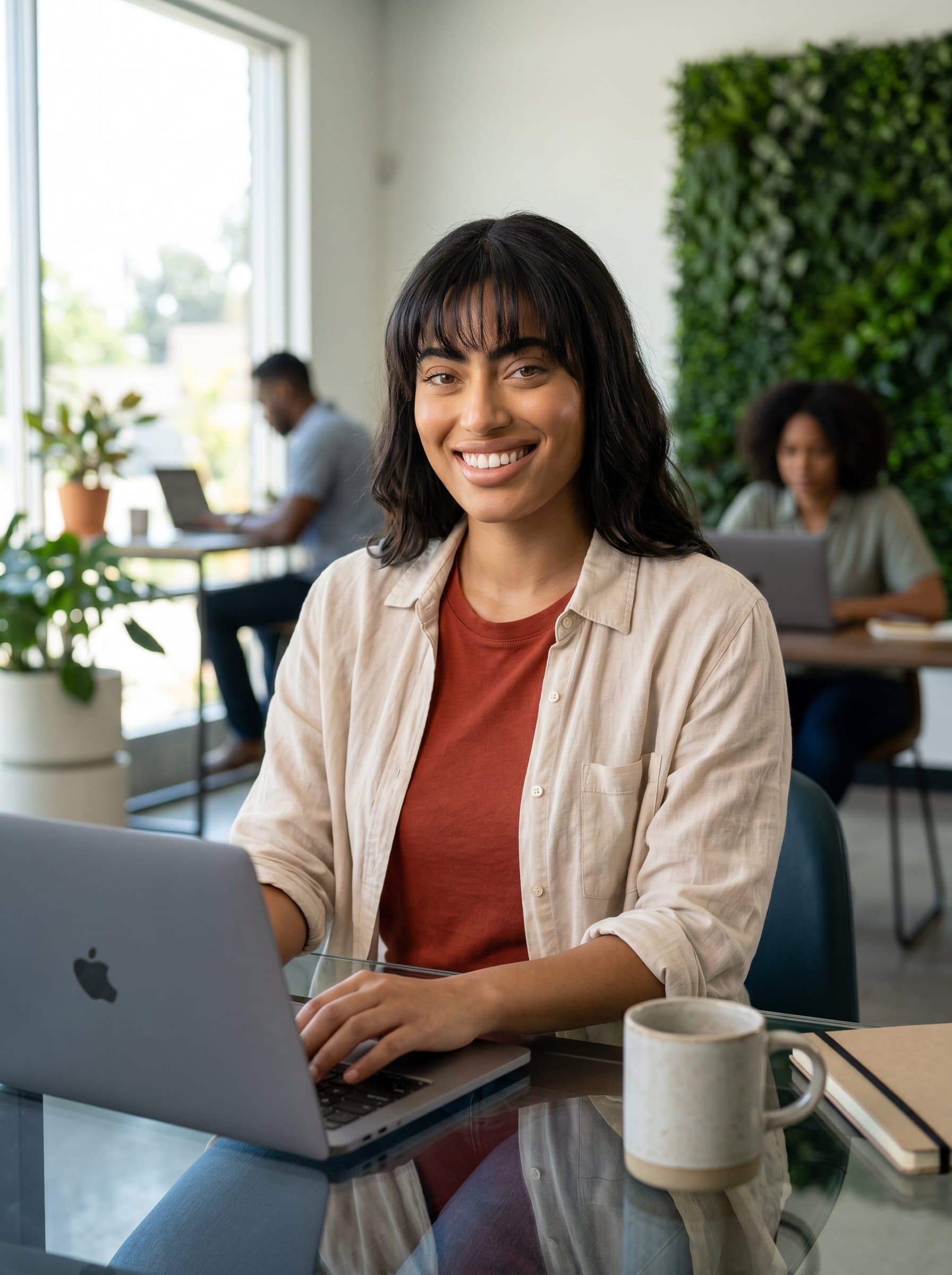 in a sleek, modern coworking space, typing on a laptop. A warm smile and attentive expression signify readiness to help. The backdrop of greenery adds a touch of warmth. Photorealistic.